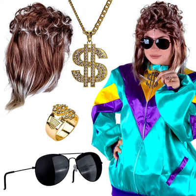 Goods+Gadgets Kostüm »80er Outfit Vokuhila Komplett-Set«, mit Proll Trainingsanzug, Perücke, Ring Goldkette und Sonnenbrille
