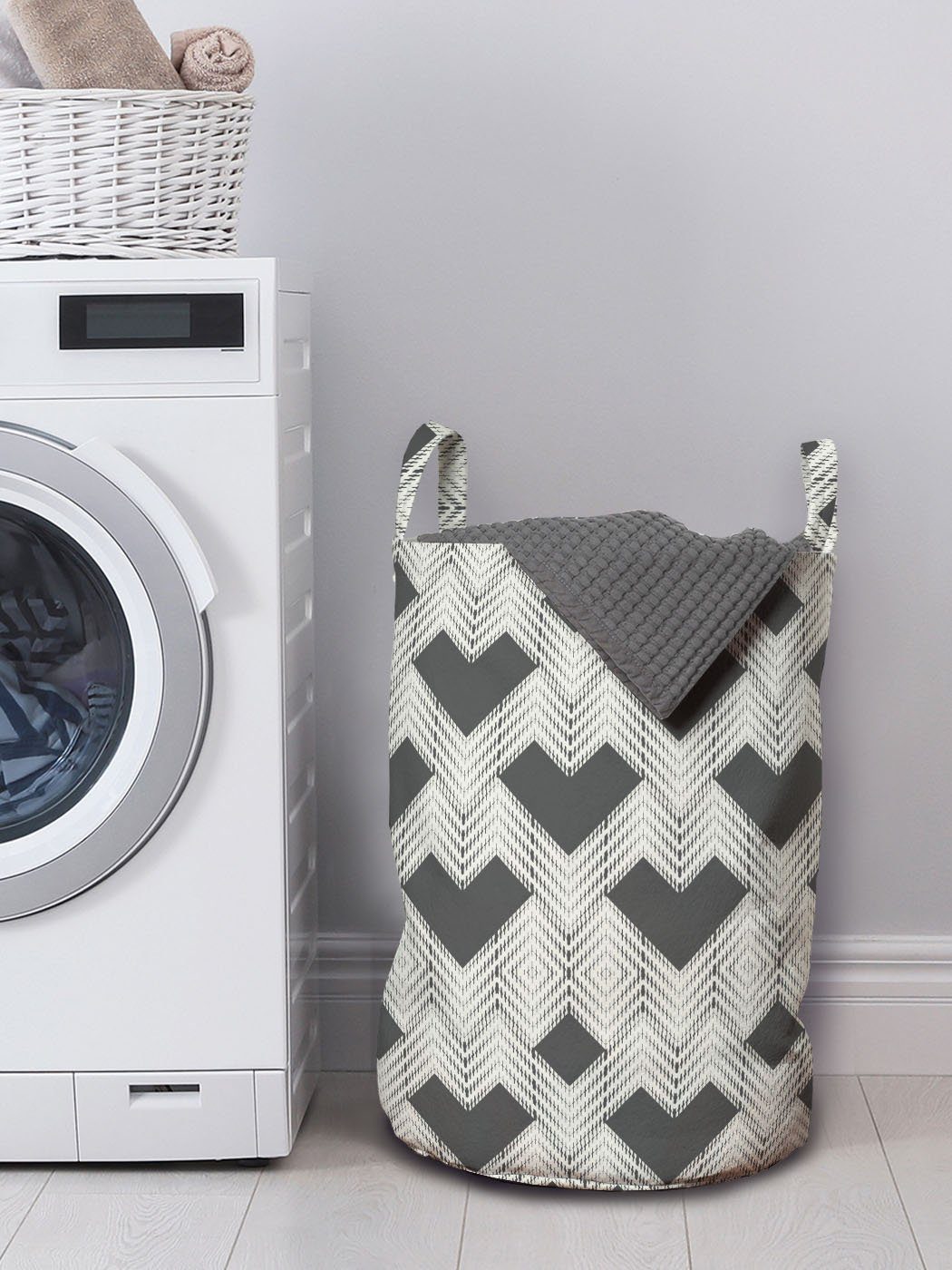 Abakuhaus Kordelzugverschluss Bindestriche Wäschekorb und grau Waschsalons, Pfeil für mit Wäschesäckchen Zigzags Stil Griffen