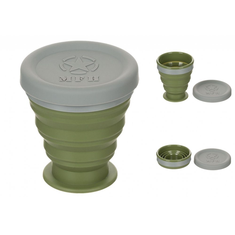 MFH Becher Faltbecher, mit Deckel, Silikon, oliv, 200 ml, Silikon