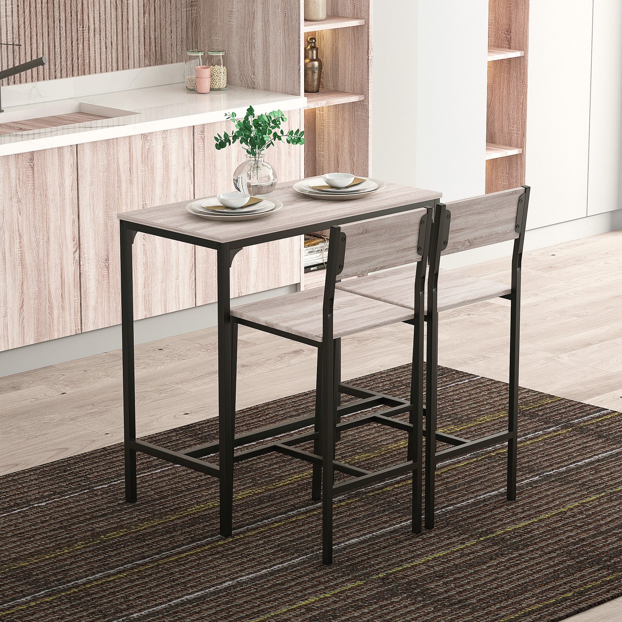 HOMCOM Bargruppe Bartisch Set Esstisch mit 2 Stühlen mit Rückenlehne, Naturholz, (Sitzgruppe, 3-tlg., Essgruppe), Natur+Schwarz MDF Metall