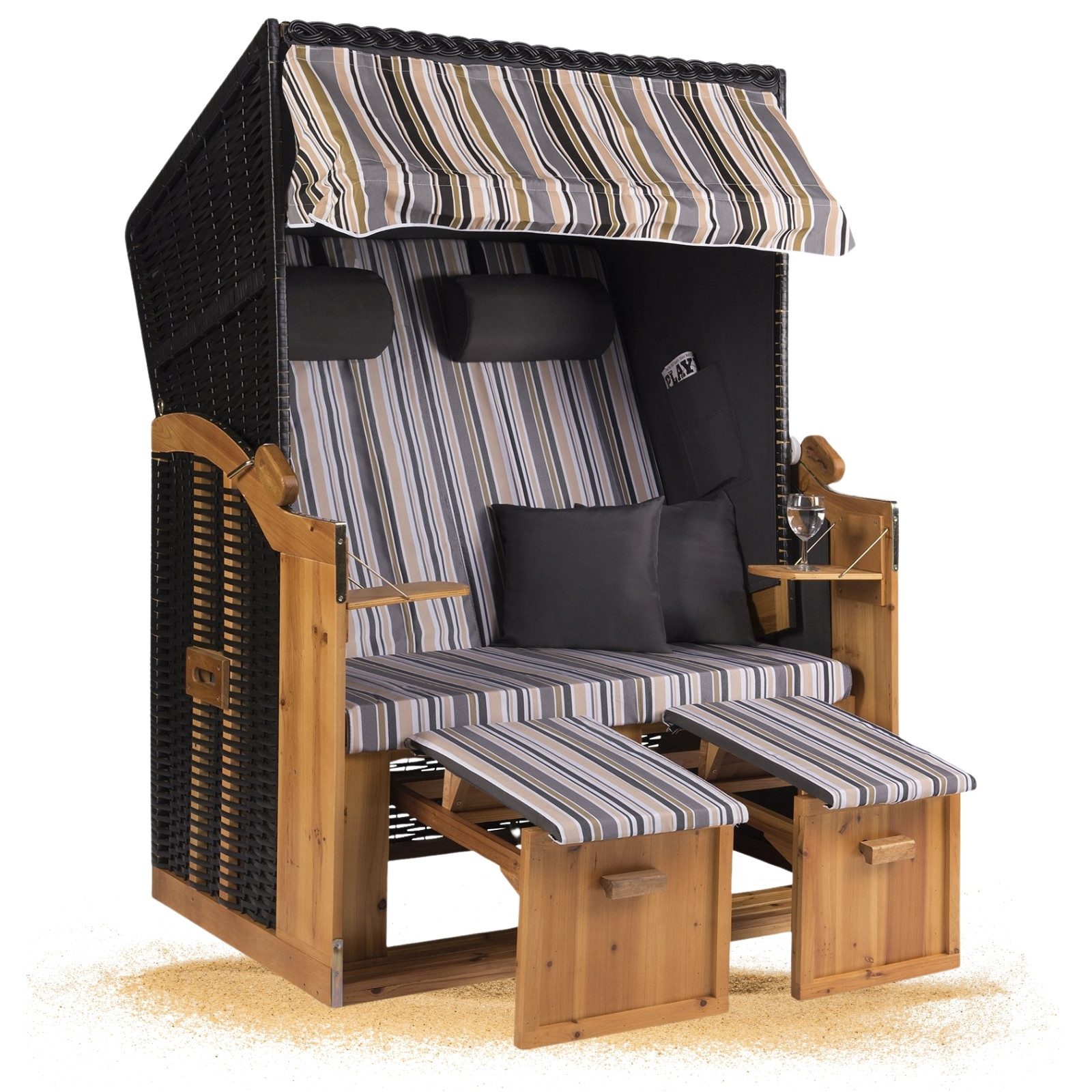 Strandkorb Hanse Strandkorb Strandkorb Ostsee 2 Sitzer oliv grau weiß gestreift, BxTxH: 120x80x160 cm, Volllieger, Ostsee-Modell, Stabiles Wacholder mit handgefertigtem Polyrattangeflecht