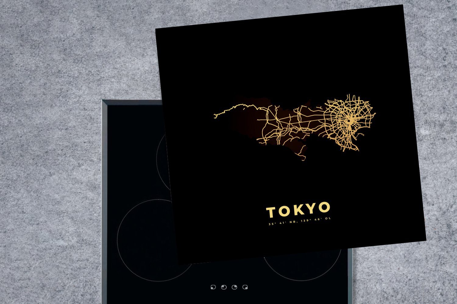 Tokio Herdblende-/Abdeckplatte cm, küche Arbeitsplatte (1 Ceranfeldabdeckung, 78x78 MuchoWow Schwarz Stadtplan Gold, - - und tlg), für Vinyl,