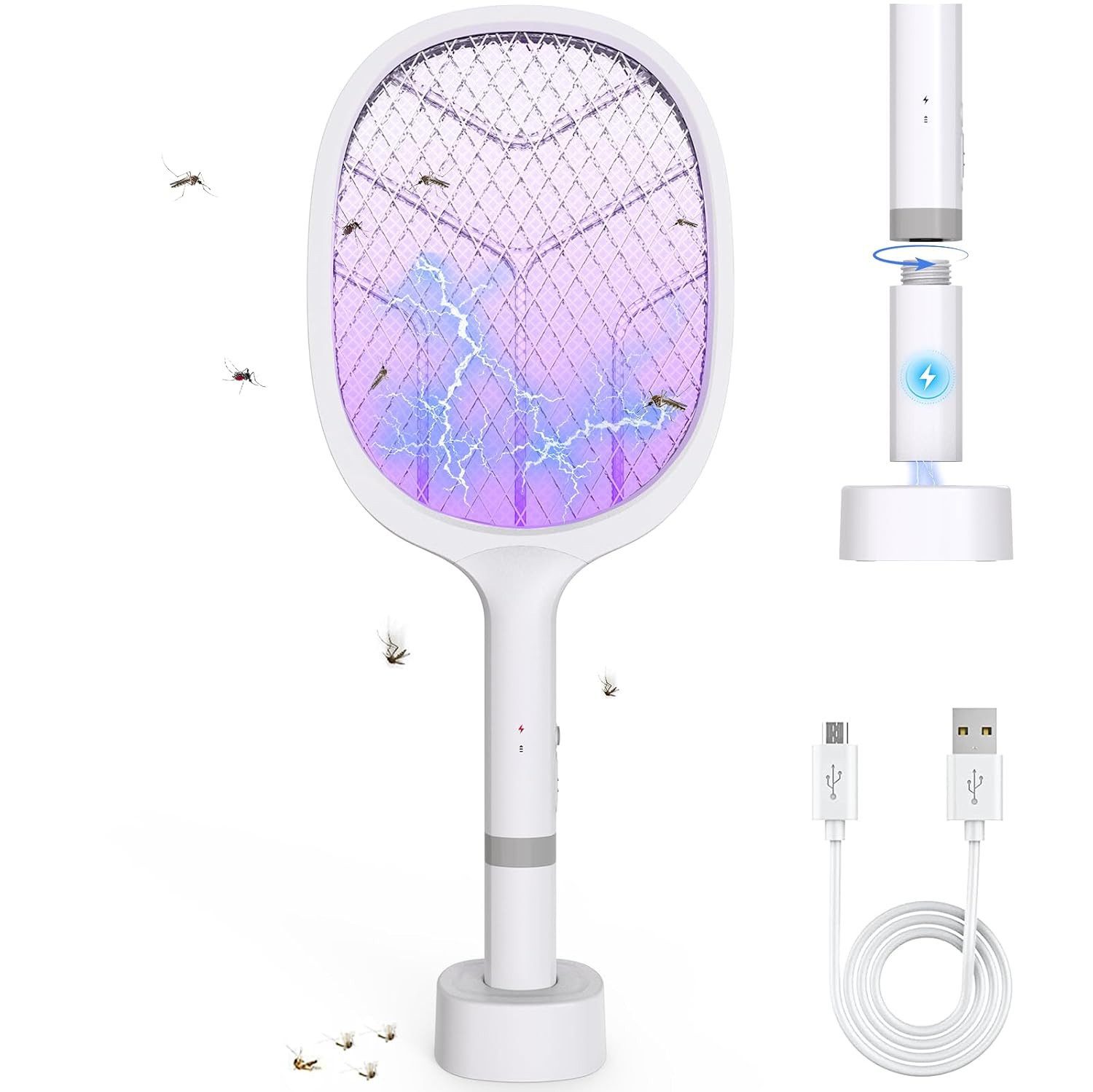 Athlix Fliegenklatsche 3000V Elektrische Fliegenklatsche Mückenklatsche mit Akku Aufladbar, Manueller Betrieb & UV-Licht-Modus für stationären Einsatz