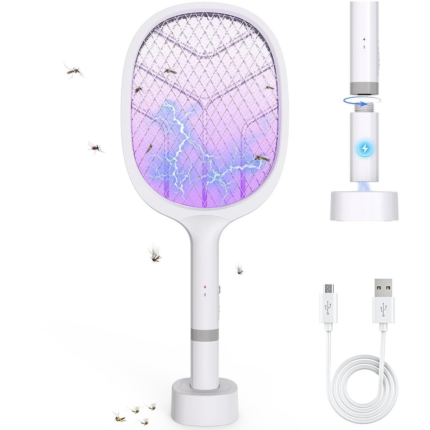 Athlix Fliegenklatsche 3000V Elektrische Fliegenklatsche Mückenklatsche mit Akku Aufladbar, Manueller Betrieb & UV-Licht-Modus für stationären Einsatz