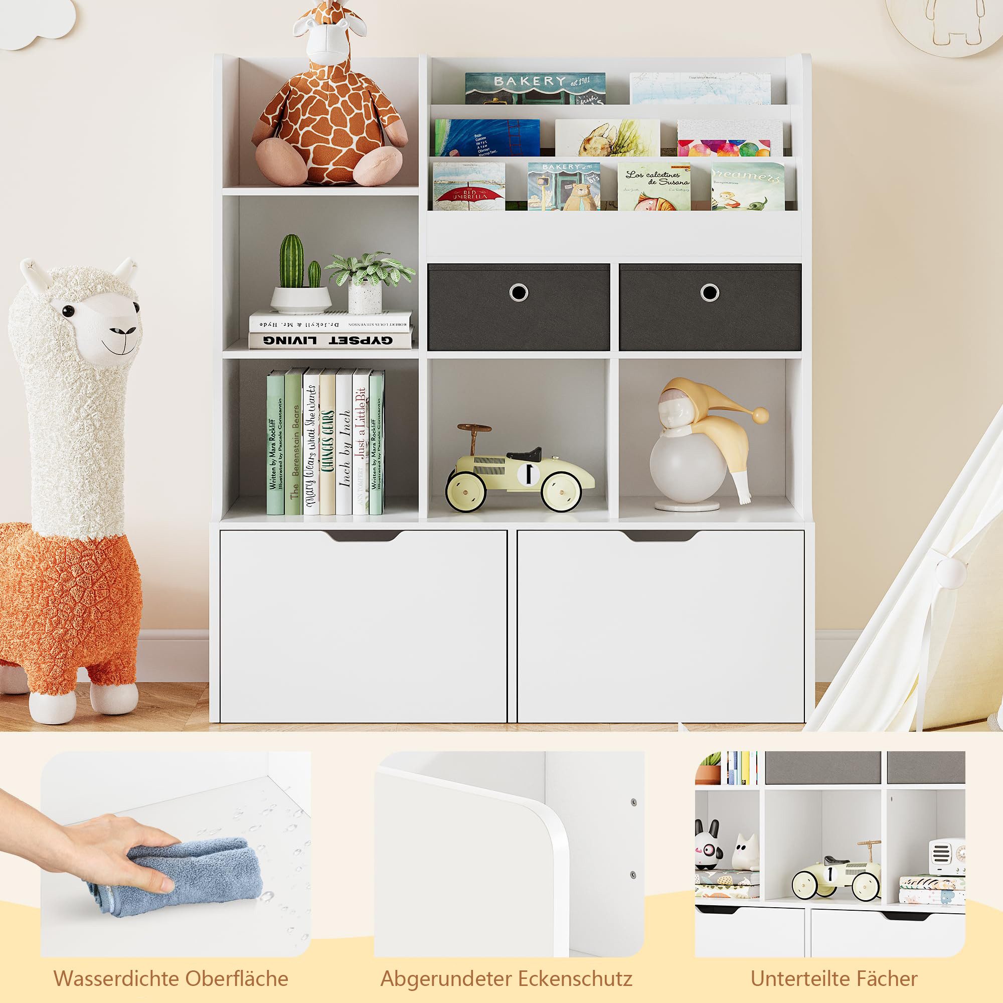 GarveeMore Bücherregal Kinderregal Kinderbücherregal Stauraumregal aus Holz mit 4 Schubladen, Mehrzweckregal Standregal Regal 120 x 35 x 108 cm weiß