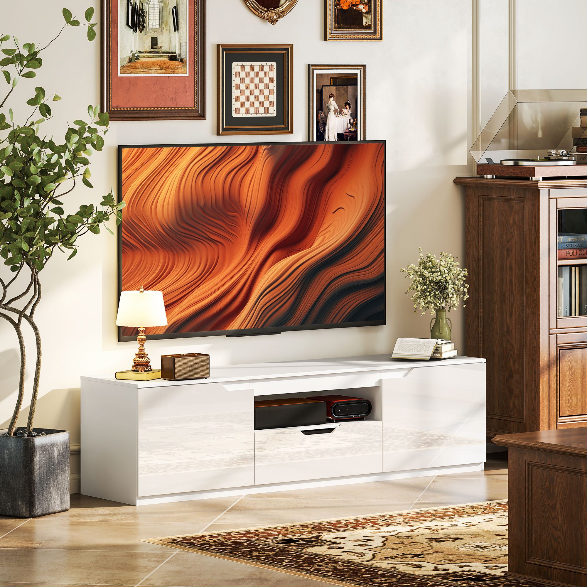 HOMCOM TV-Board TV Schrank Lowboard mit 2 Türen, Schublade, 160 cm lang (TV Board, 1 St., Fernsehtisch), mit Kabelmanagement für Wohnzimmer, Weiß