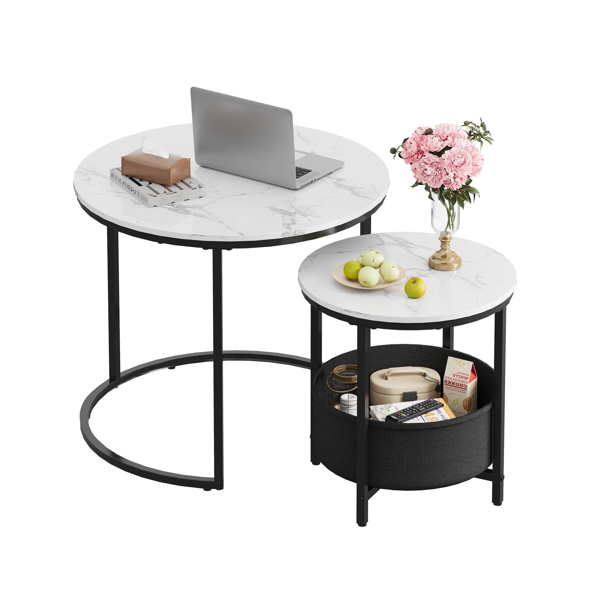 WLIVE Couchtisch Couchtisch 2er‑Satztisch rund mit Stauraum, (Beistelltisch mit Stoffkorb & Metallgestell, Holzoptik, 2er Set), 2 in 1 Verschachtelung