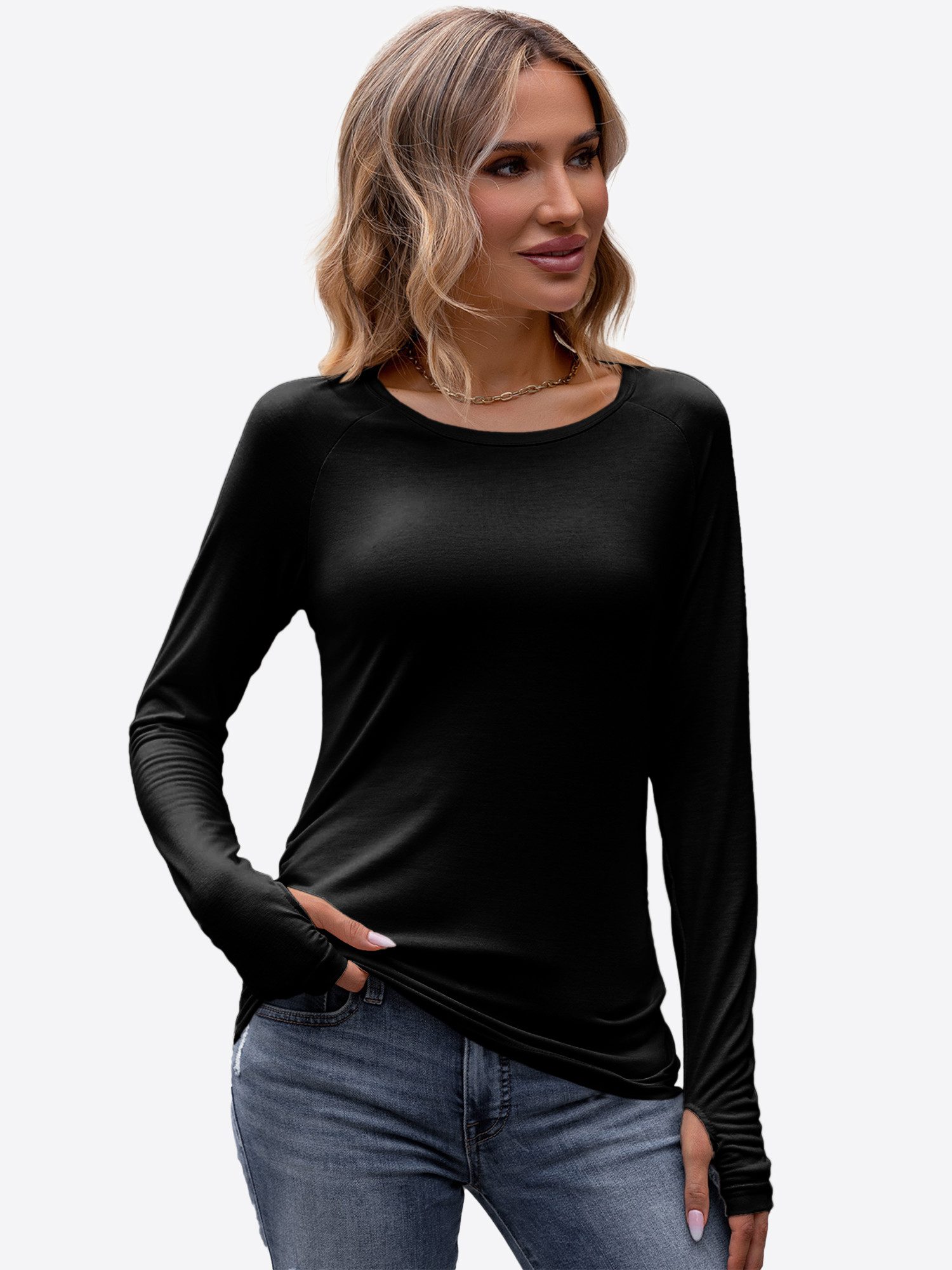 Imily Bela T-Shirt Damen Basic Langarm Raglanärmeln Rundhals (Packung, 1-tlg., 1per-Pack) in Unifarbe