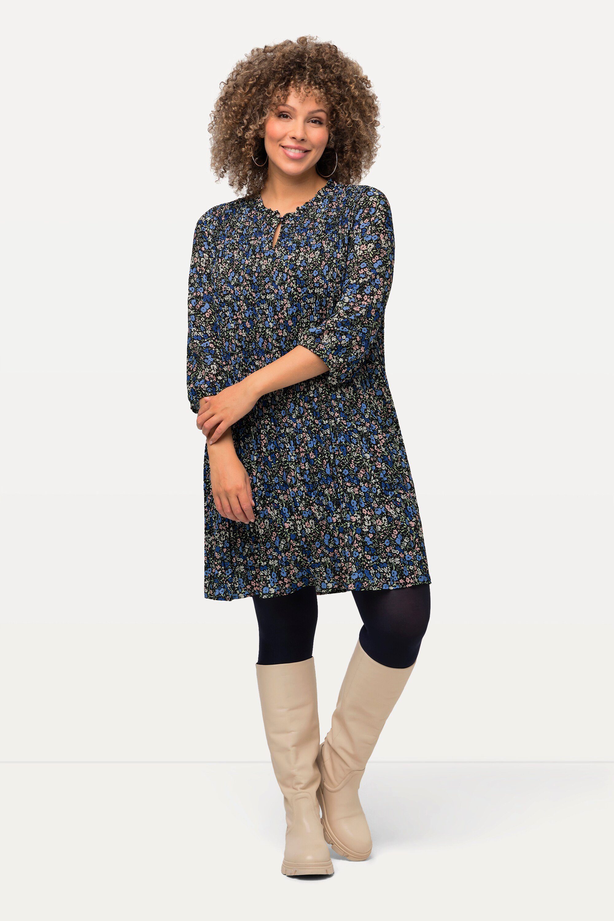 Ulla Popken Minikleid Plissee-Minikleid Blüten Rüschen günstig online kaufen