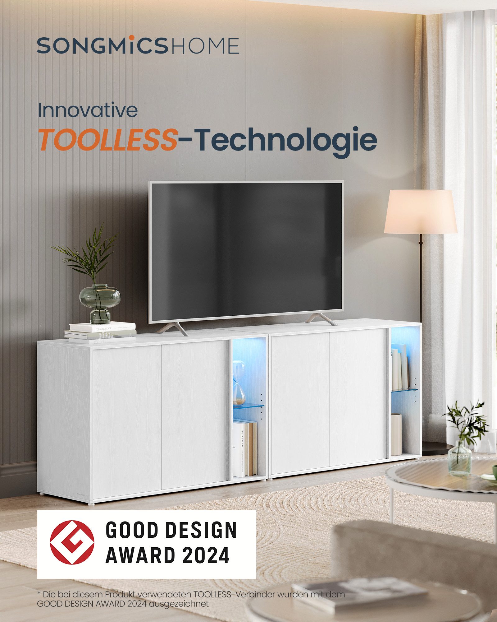 SONGMICS HOME Sideboard Aufbewahrungsschrank mit LED-Beleuchtung (TV-Schrank, Glasablage, Toolless-Technologie, Aufbewahrungsschrank, 1 St., Superschnelle werkz – Bild 4 von 5