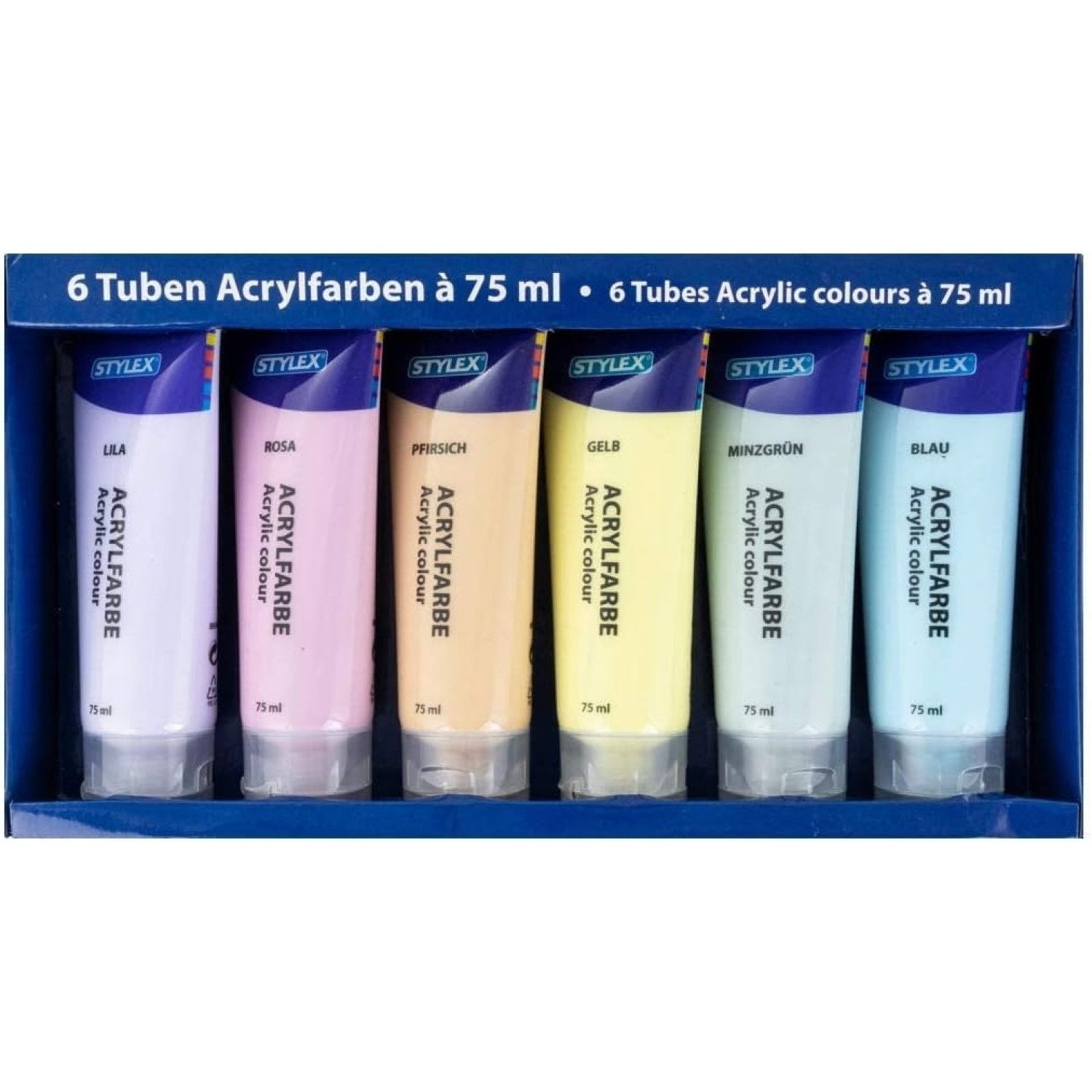 Stylex Acrylfarbe Pastell Acrylfarben im Set, 6 Tuben á 75 ml - Malfarbe Basteln Künst