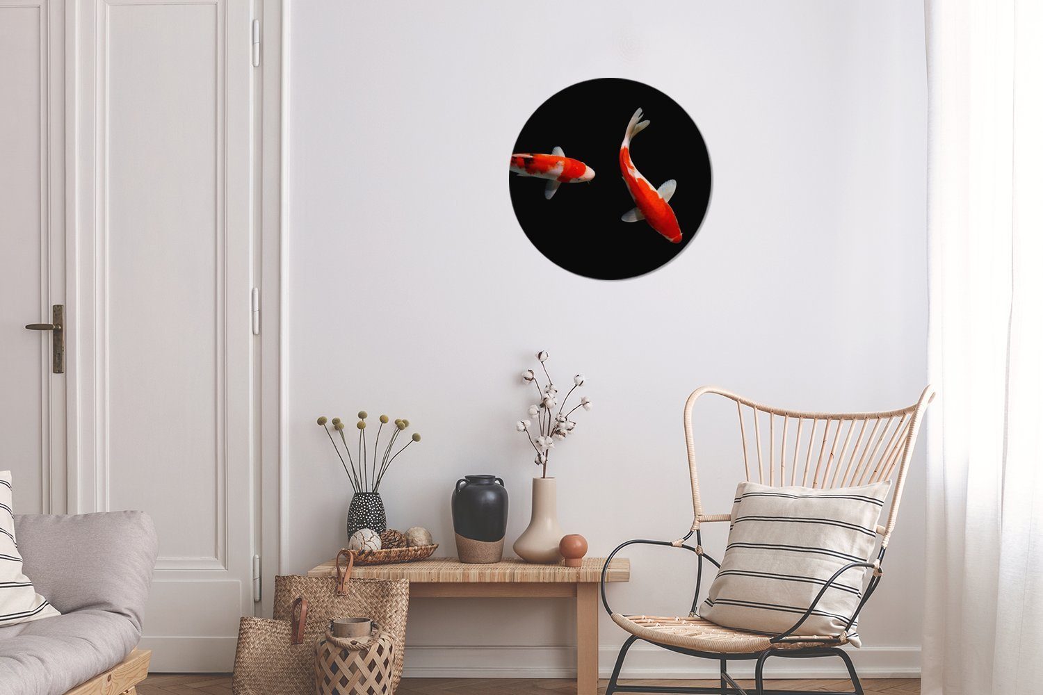 MuchoWow Gemälde Zwei bunte Koi-Karpfen auf Kreis Wanddekoration cm St), Hintergrund, 30x30 Wandbild, Wohnzimmer, Forex, (1 Rundes schwarzem