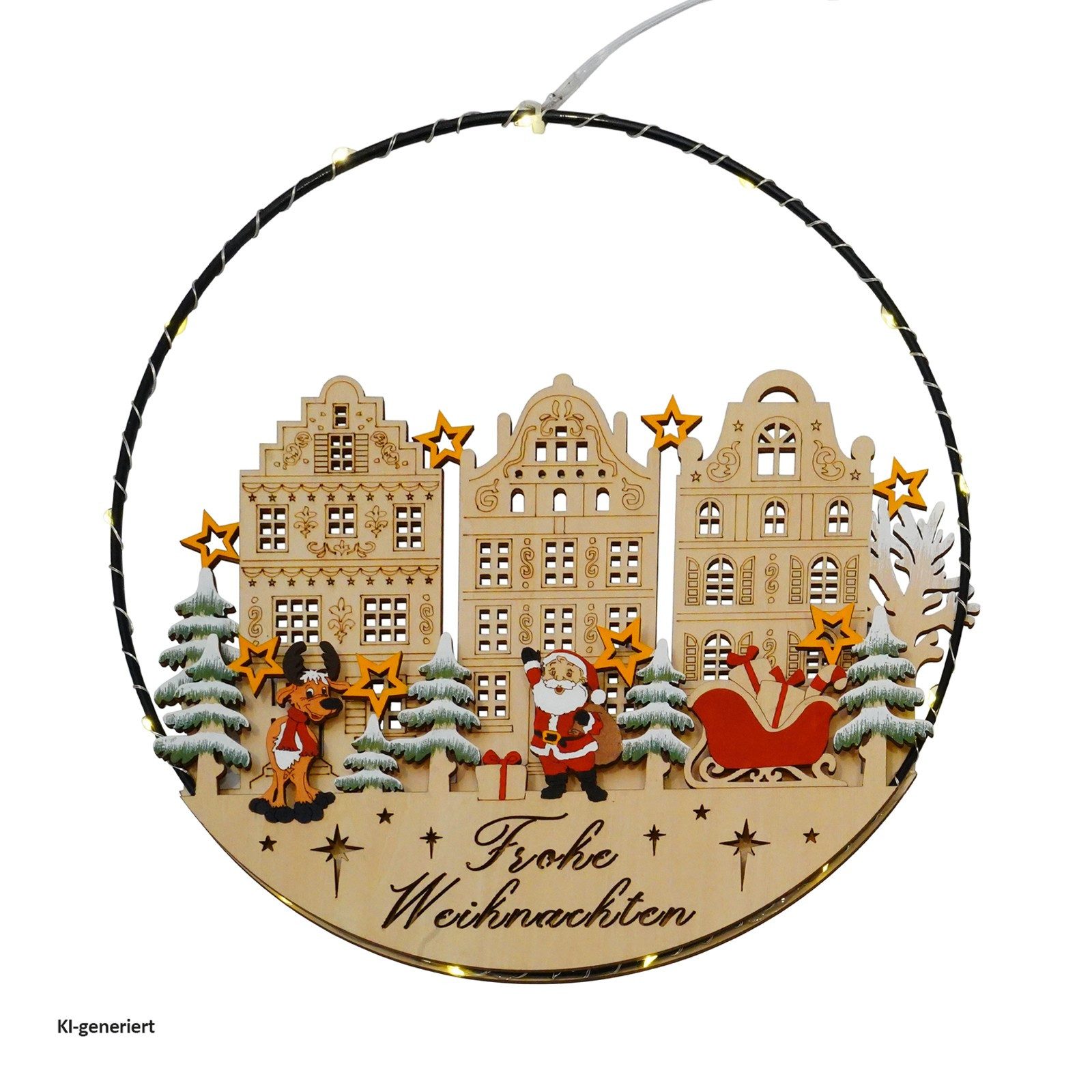 HTI-Living Beleuchtetes Fensterbild LED-Hängedekoration mit Weihnachtsmann und Rentier, Weihnachtliche Fenster- und Türdekoration aus Holz Ø 30 cm