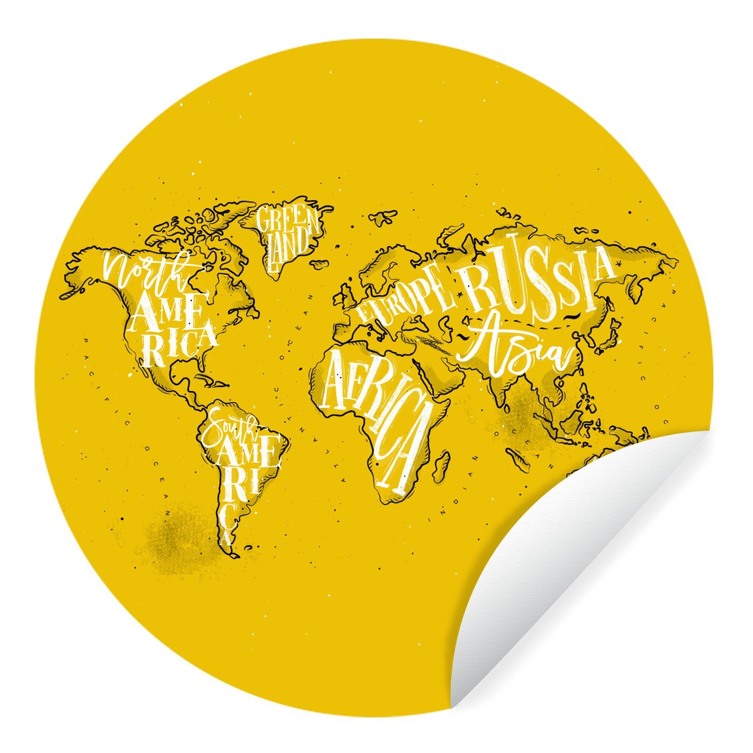 MuchoWow Wandsticker Weltkarte für Gelb - Tapetenkreis (1 St), Rund, Weiß - Buchstaben Tapetenaufkleber, Kinderzimmer, - Wohnzimmer
