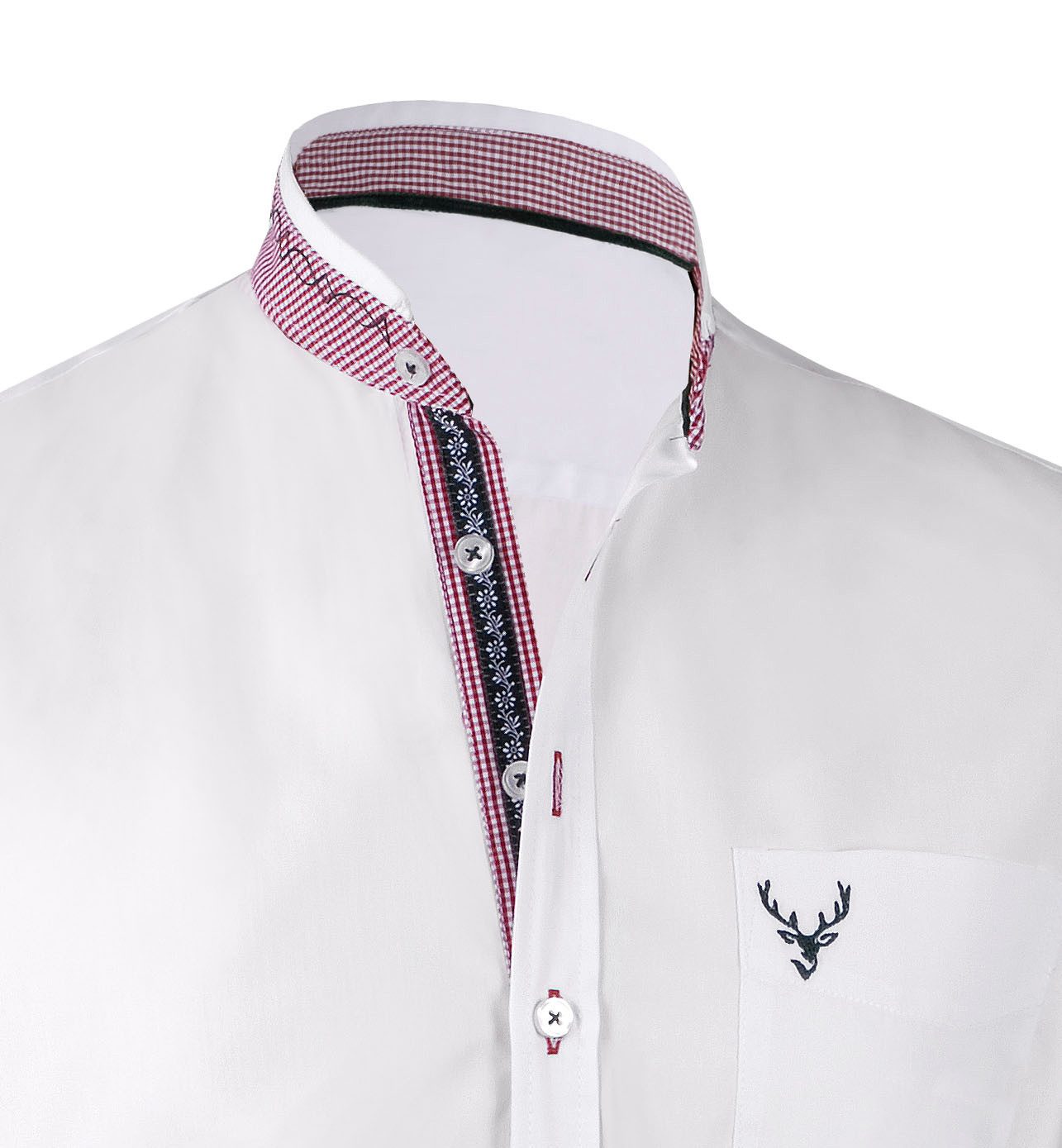 Moschen-Bayern Trachtenhemd Trachtenhemd Herrenhemd SLIM FIT Stehkragen Hirsch Langarm Weiß-Rot