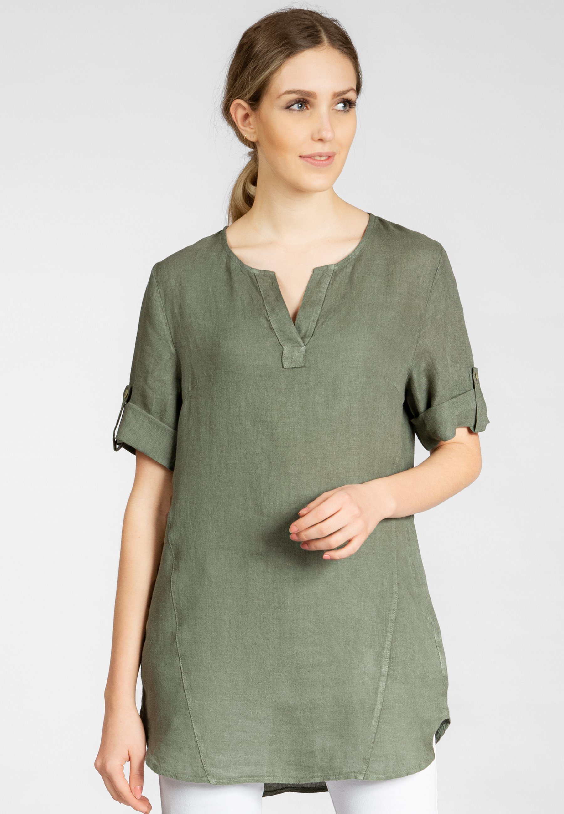 Caspar Longbluse BLU023 lange elegante Damen Halbarm Sommer Leinenbluse günstig online kaufen