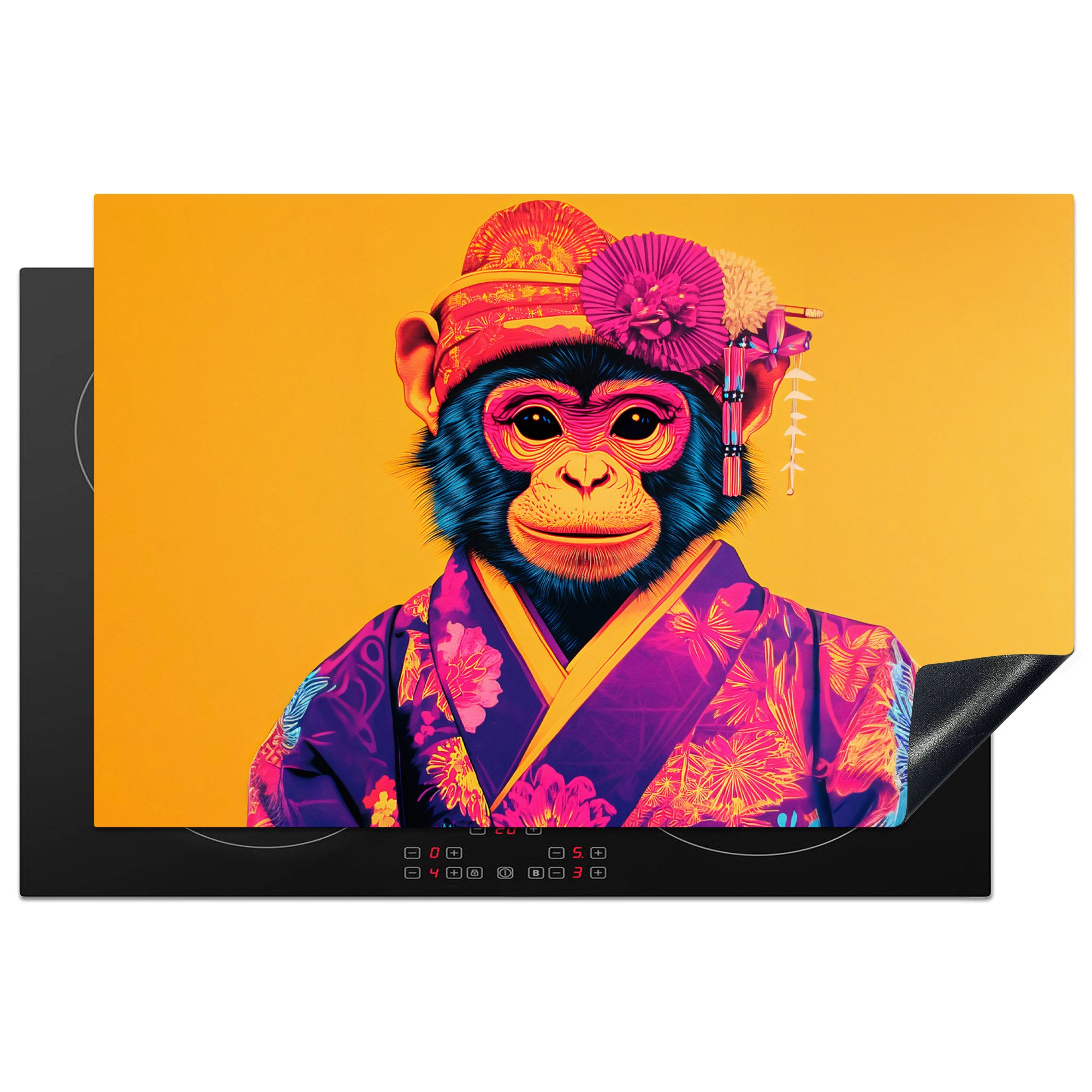 MuchoWow Herd-Abdeckplatte Affe - Kimono - Blumen - Kopfschmuck, Vinyl, (1 tlg), Küche Herdabdeckplatte Ceranfeld Vinyl Einteilig, 81.2x52 cm