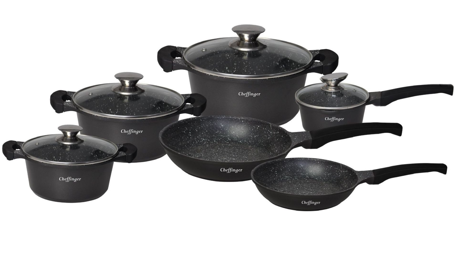 Cheffinger Pfannen-Set Kochtopf Topf Pfannen Set Kochgeschirr 10 tlg Alu Guss Cheffinger, Aluminium-Guss, Glas (Set bestehend aus 4 Töpfen, 4 Deckeln und 2 Pfannen)