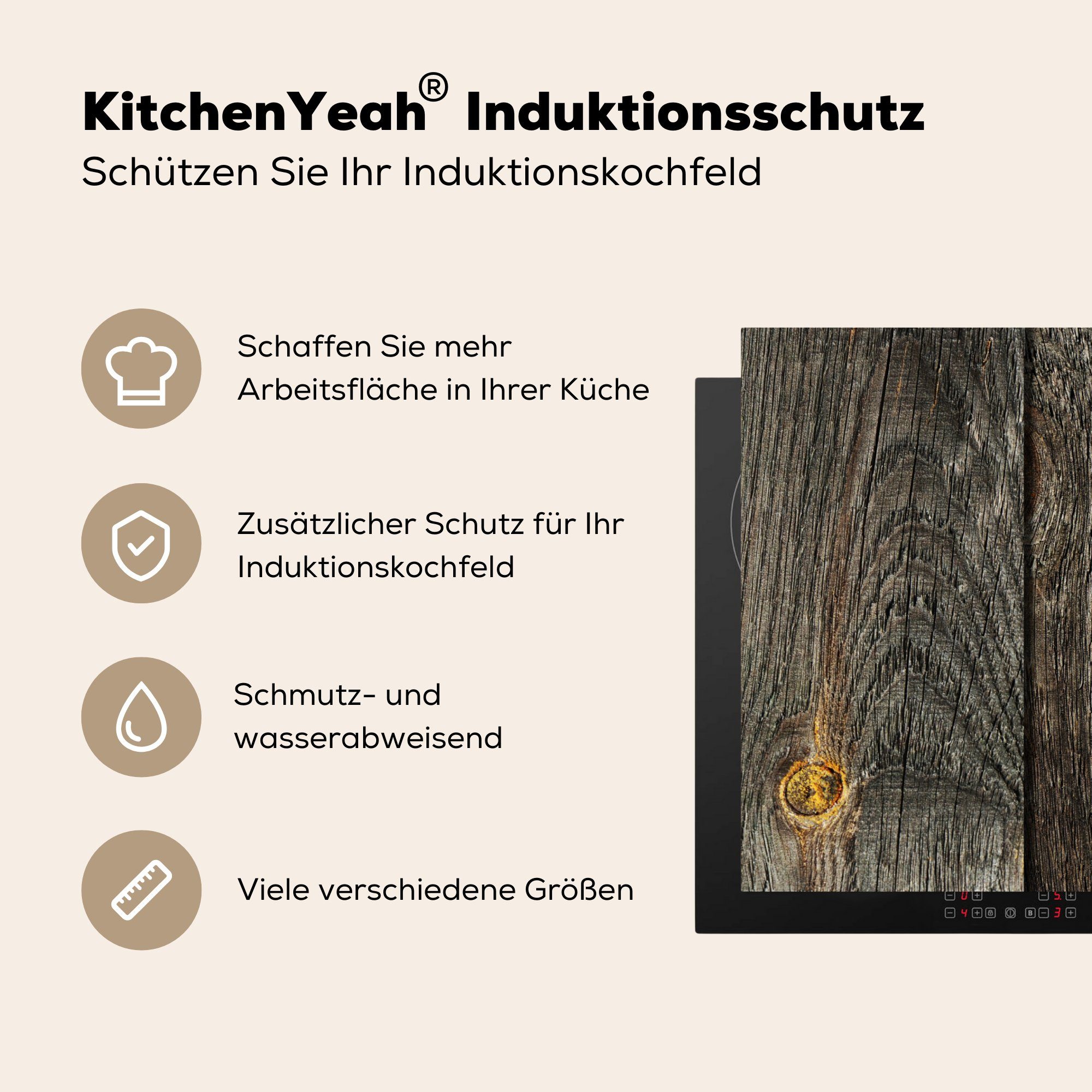 Induktionskochfeld 81x52 Schutz MuchoWow tlg), die Rost Industriell, Ceranfeldabdeckung (1 - Herdblende-/Abdeckplatte Vinyl, küche, - Holz cm, Regal für -