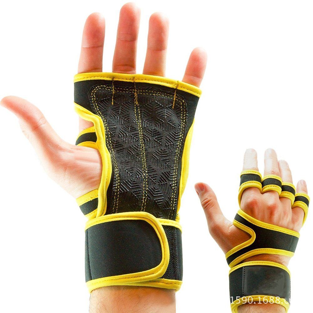 LAPA HOME Trainingshandschuhe Fitness Sporthandschuhe für Bodybuilding Powerlifting Kraftsport (mit Handgelenkstütze, Leder & Silikon Handschuhe, Paar) Damen Herren Fitnesshandschuhe mit Fingerschlaufen, Atmungsaktiv Gelb