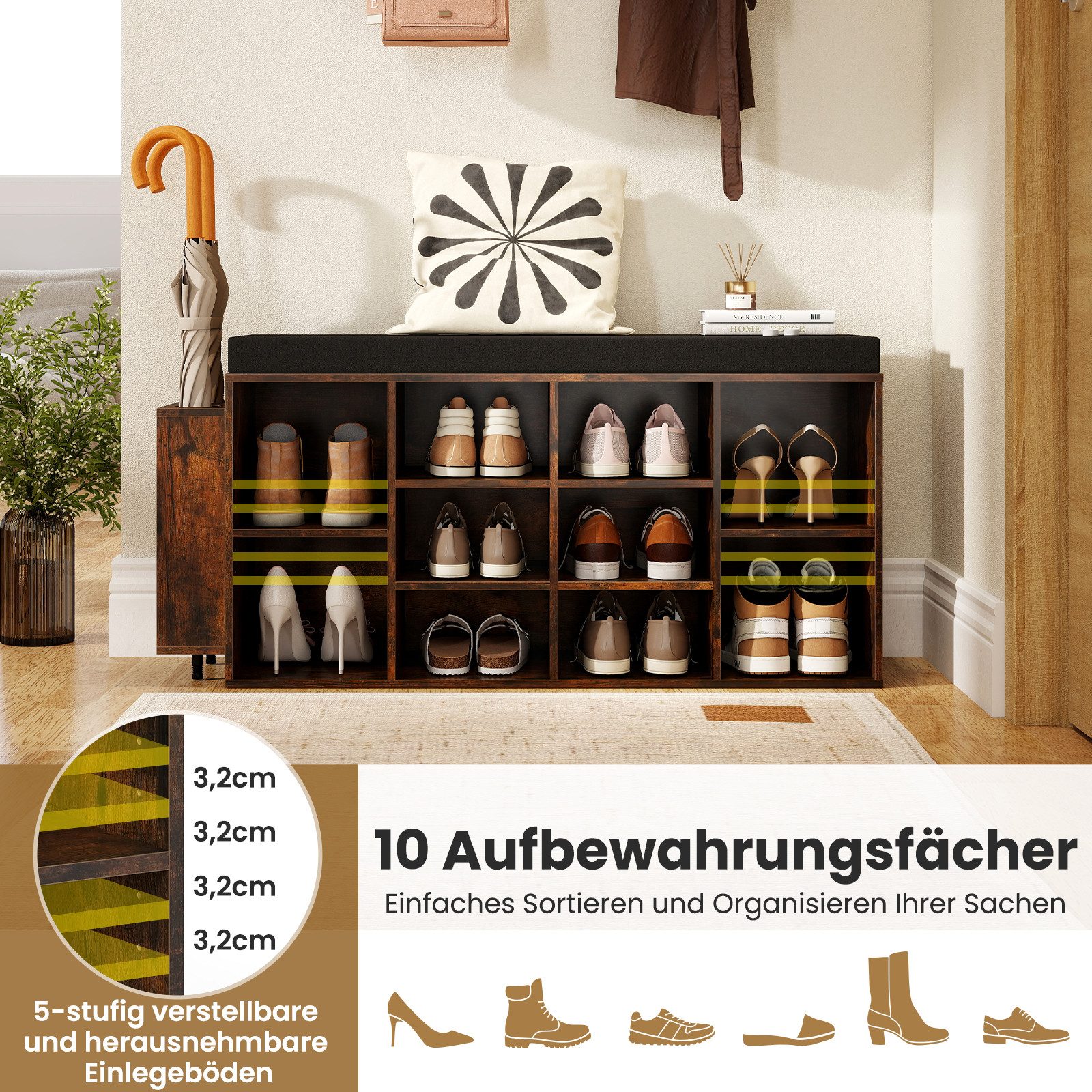 COSTWAY Schuhbank, mit Schirmhalter & gepolsterter Sitzfläche Schuhregal 110cm