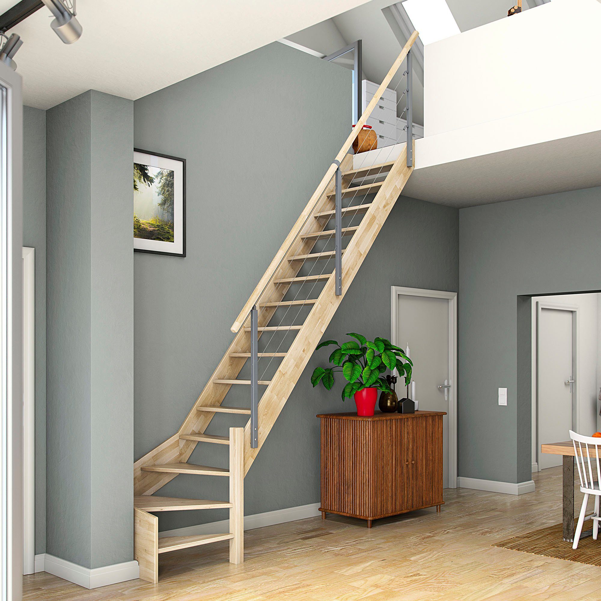 Dolle Raumspartreppe Brest, für Geschosshöhen bis 320 cm, Stufen offen, Stufen Leimholz, unbehandelt, Breite 70 cm, Handlauf aus Holz