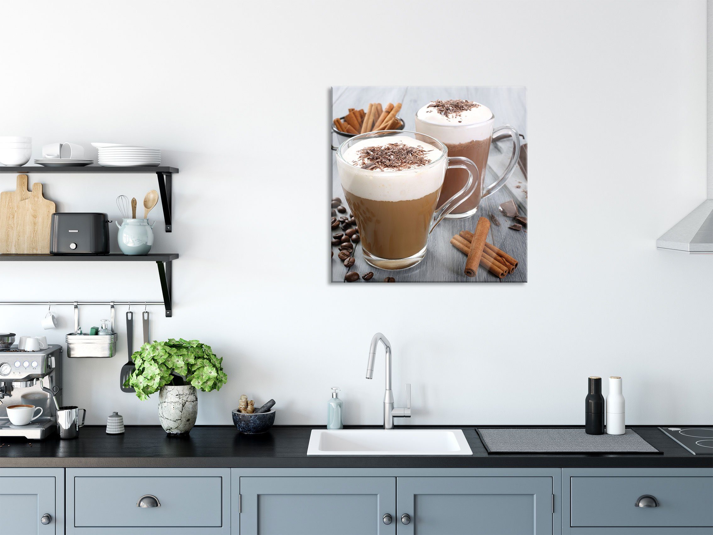 und aus St), Schokolade Kaffee Glasbild inkl. Schokolade und Glasbild und Aufhängungen (1 Echtglas, Pixxprint Kaffee, Abstandshalter