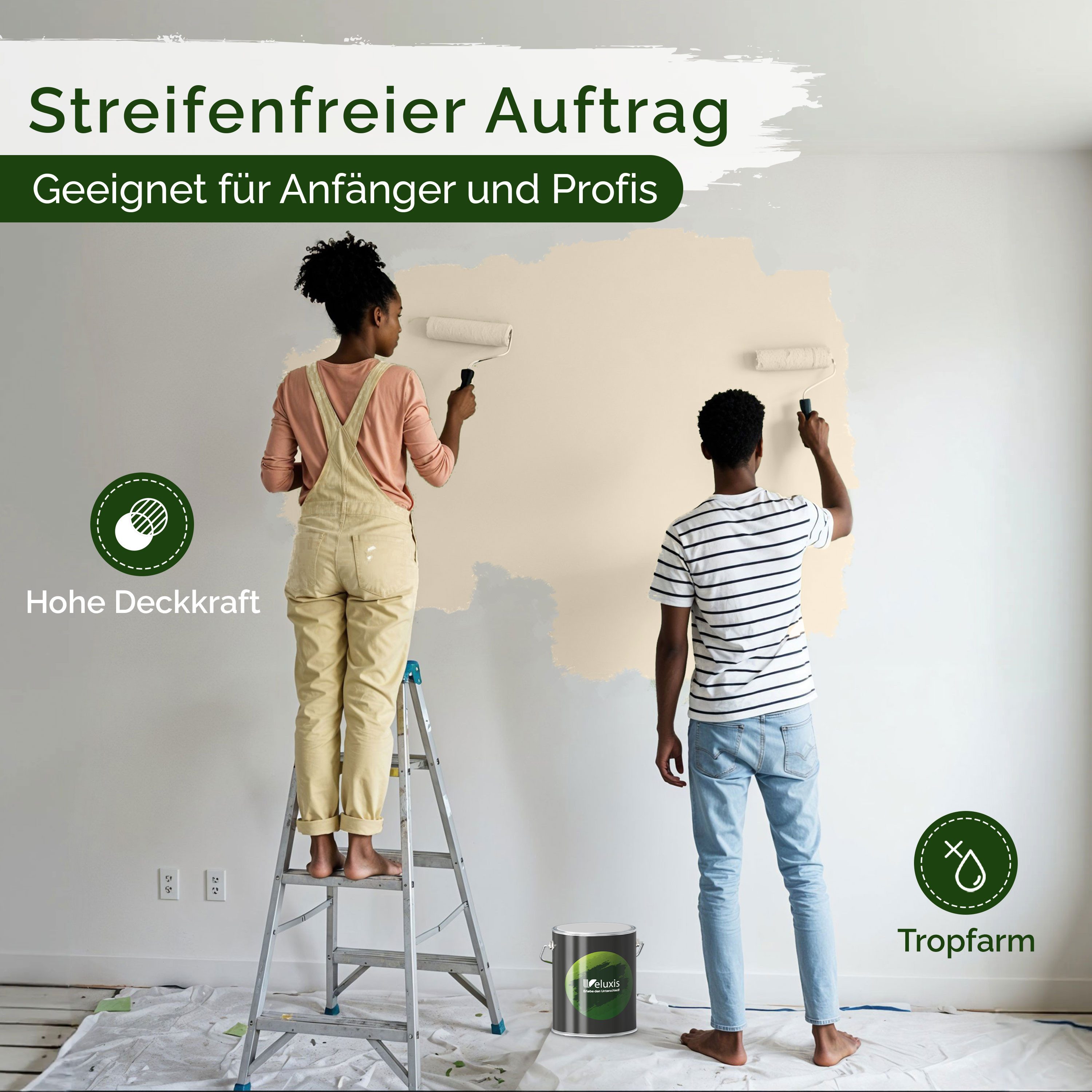 Veluxis Wandfarbe Veluxis® Edle Wandfarbe, für den Innenraum - Deckkraft-Klasse 1, Streifenfrei & tropfarm
