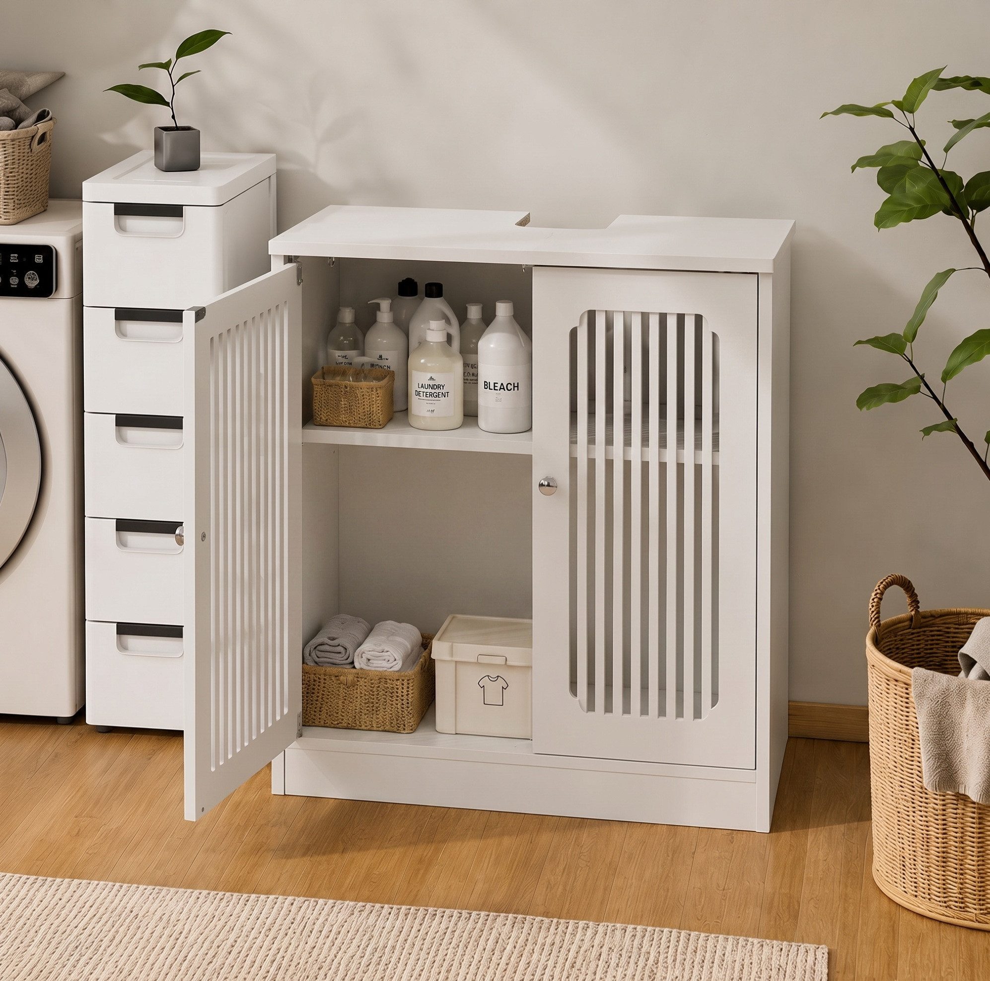 REDOM Badkommode Waschbeckenunterschrank Weiß mit Doppeltür und Lamellentüren (Packung, 1 St., Badschrank stehend mit Türen für Badzubehör Aufbewahrung), Badezimmermöbel ohne Becken mit geräumigem Innenbereich