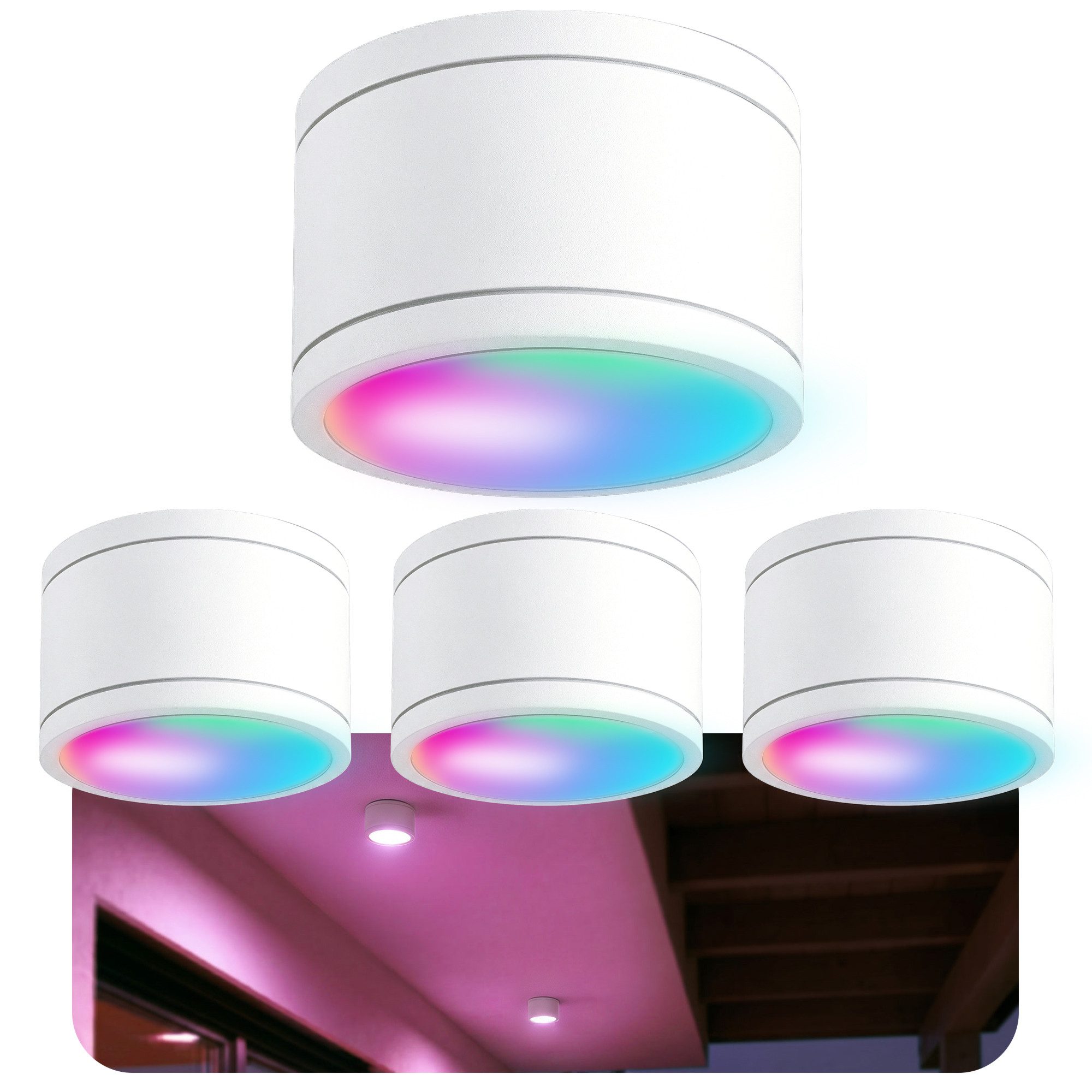SSC-LUXon LED Außen-Deckenleuchte CELI-WX Bad Aufbaulampe flach IP44 weiss rund mit Smart WiFi RGB LED, Smart