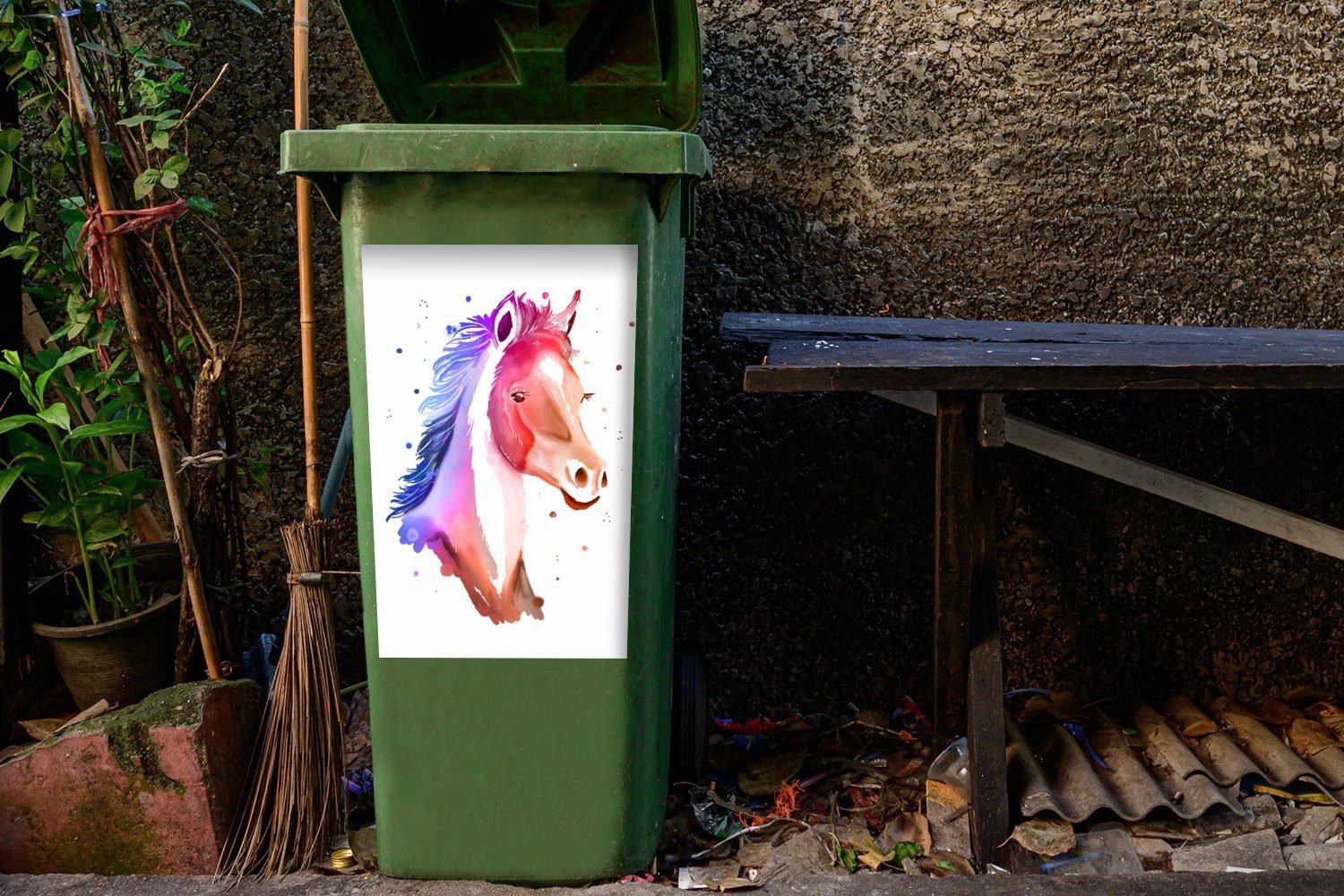 MuchoWow Sticker, Mädchen - - St), Mülltonne, Kinder - (1 Wandsticker Pferd Mülleimer-aufkleber, Container, Rosa Blau Abfalbehälter - Mädchen -