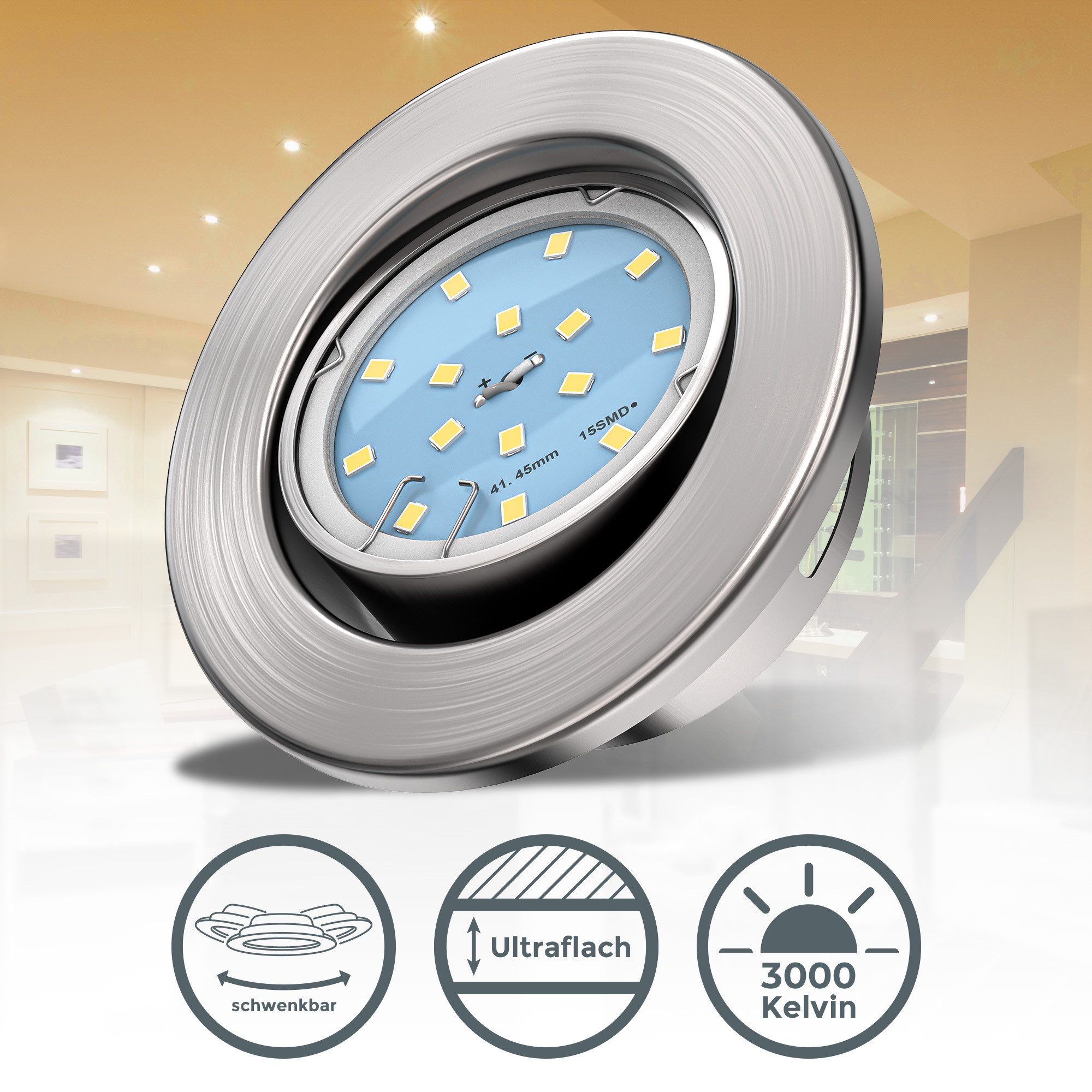 B.K.Licht LED Einbauleuchte 10er Set Einbaustrahler, Ultraflache Spots, Schwenkbare Deckenspots, LED fest integriert, Warmweiß, 3.000K, 400Lm, 4,8W, Kunststoff, 8,6 x 2,6 cm, Nickel