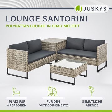 Juskys Gartenlounge-Set Santorini, (4-tlg), Polyrattan Sitzgruppe mit Beistelltisch & Auflagenbox, wetterfest