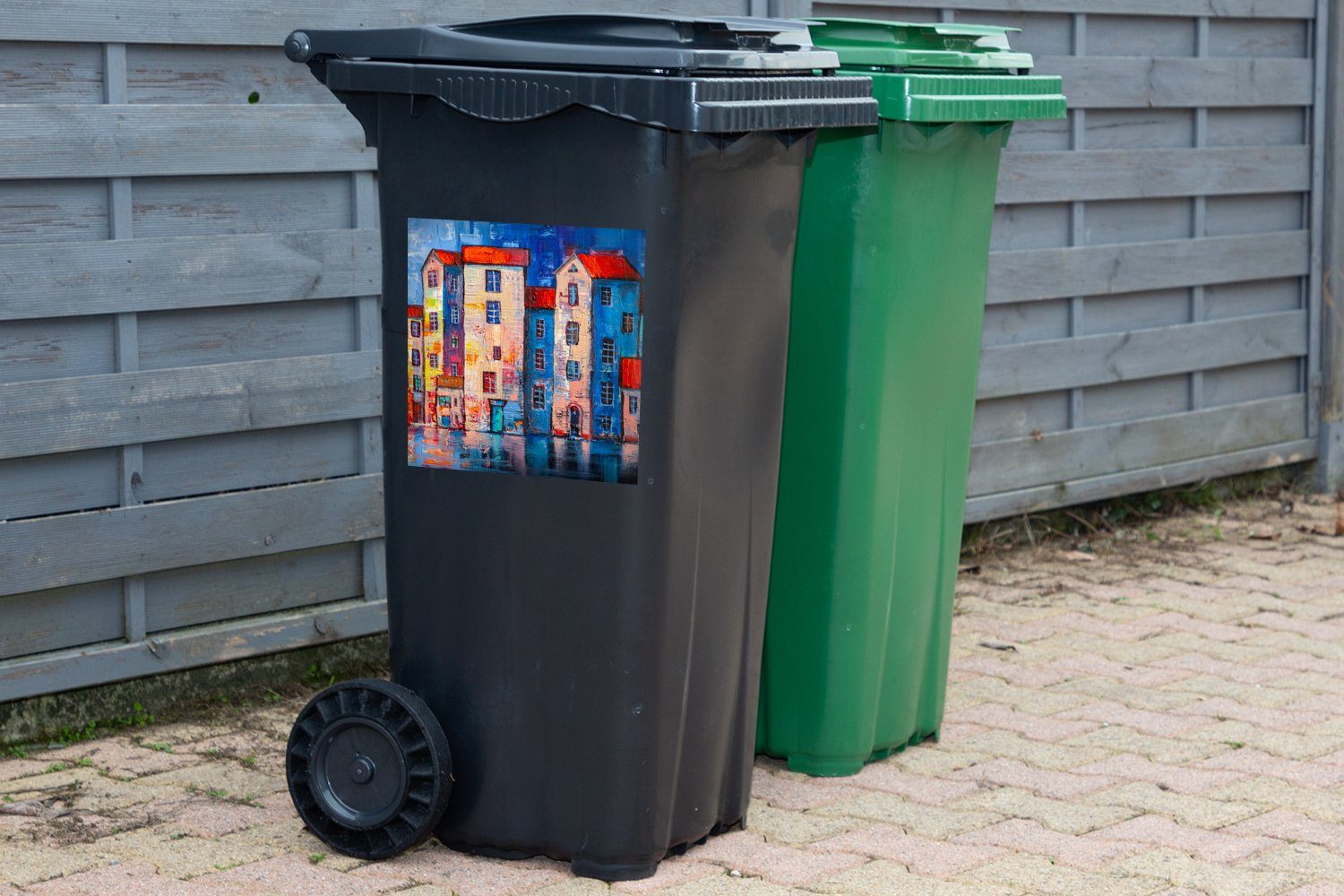 MuchoWow Wandsticker Gemälde - Ölfarbe Container, Wasser Mülleimer-aufkleber, Mülltonne, Abfalbehälter Sticker, - (1 Haus - St)