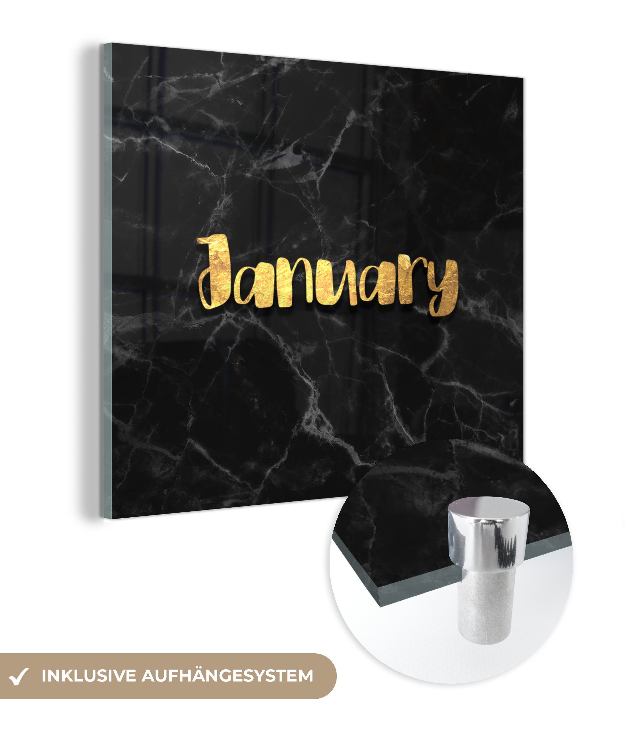 MuchoWow Acrylglasbild Kalender - Januar - Gold - Marmor, (1 St), Glasbilder - Bilder auf Glas Wandbild - Foto auf Glas - Wanddekoration