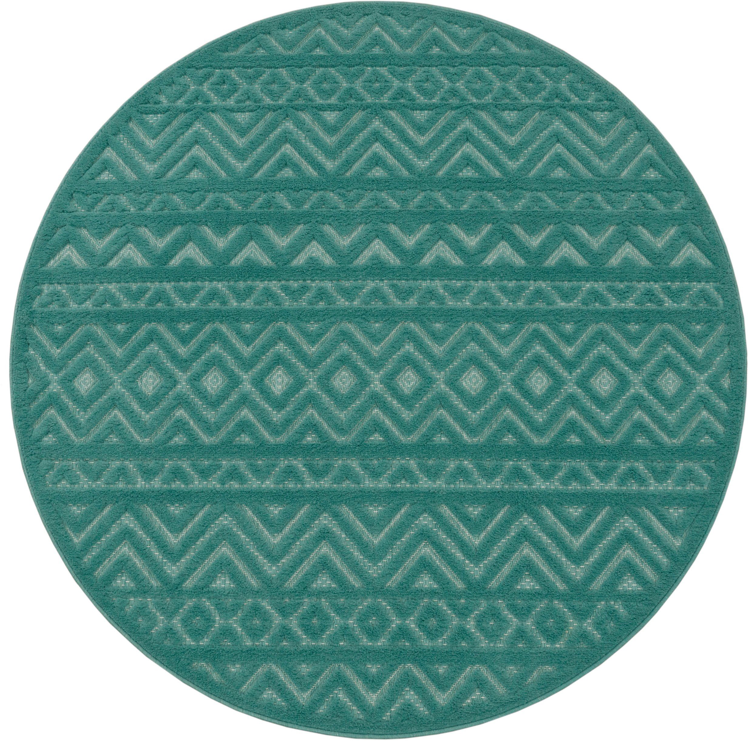 Muster, Höhe: rund, türkis Outdoor Rauten geeignet 14 Teppich Hoch-Tief Scandi, Effekt, mm, Home, Livorno Uni-Farben, 673, Paco