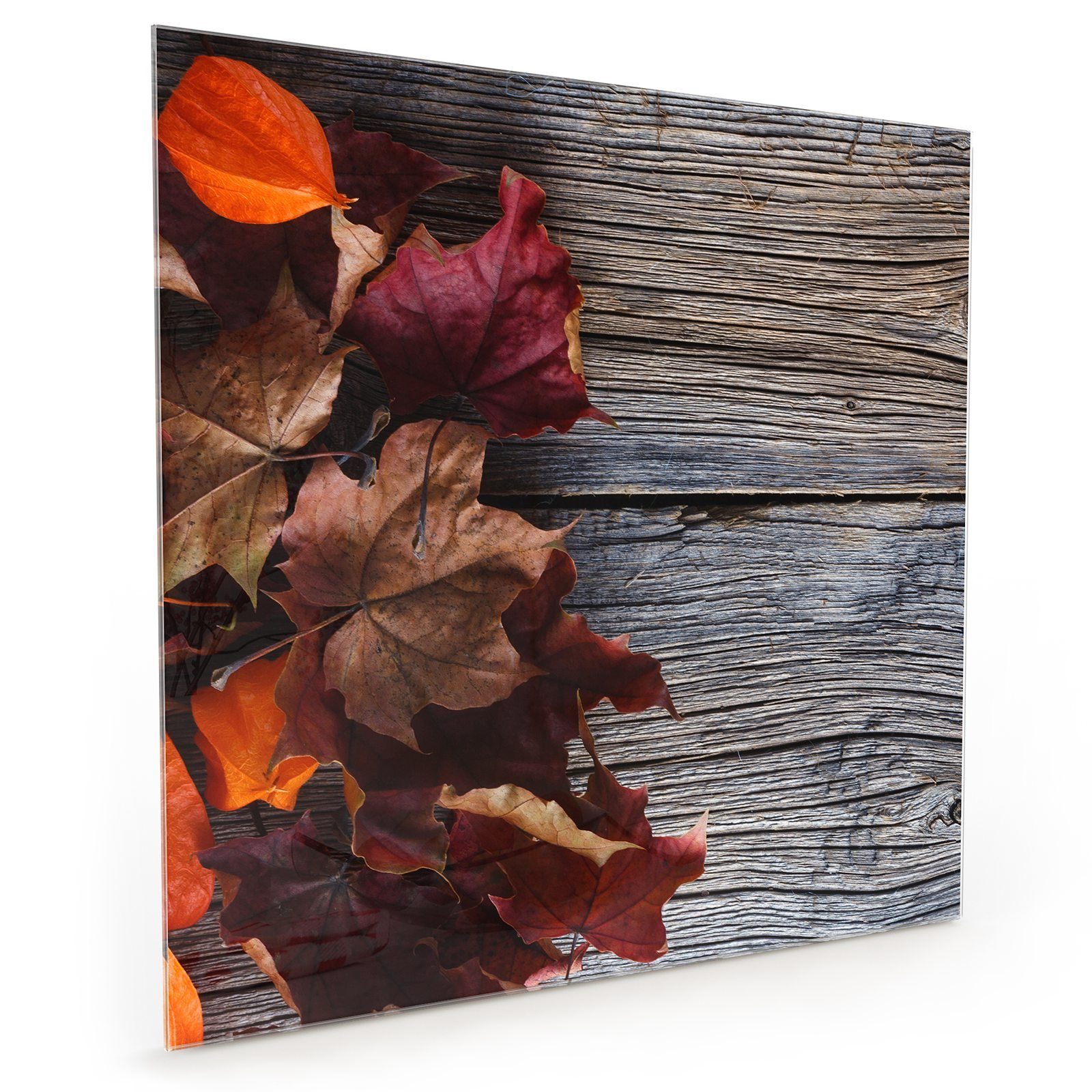 Herbstlaub Motiv Holztisch Küchenrückwand mit Spritzschutz Primedeco Küchenrückwand Glas auf