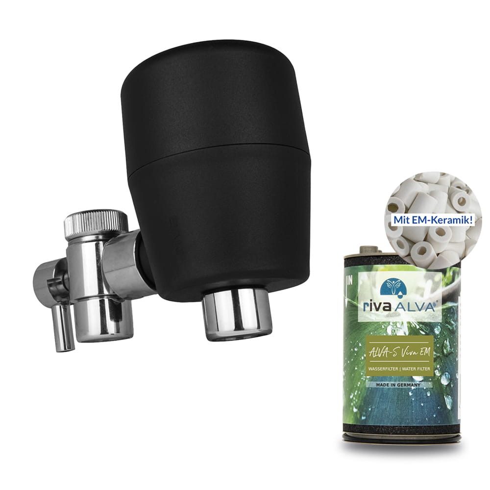 riva Wasserfiltertechnik Wasserhahn-Wasserfilter rivaALVA-S Viva EM Wasserhahnfilter mit Umschaltventil (1 St), schwarz, Blockaktivkohle mit EM-Keramik 10 µm
