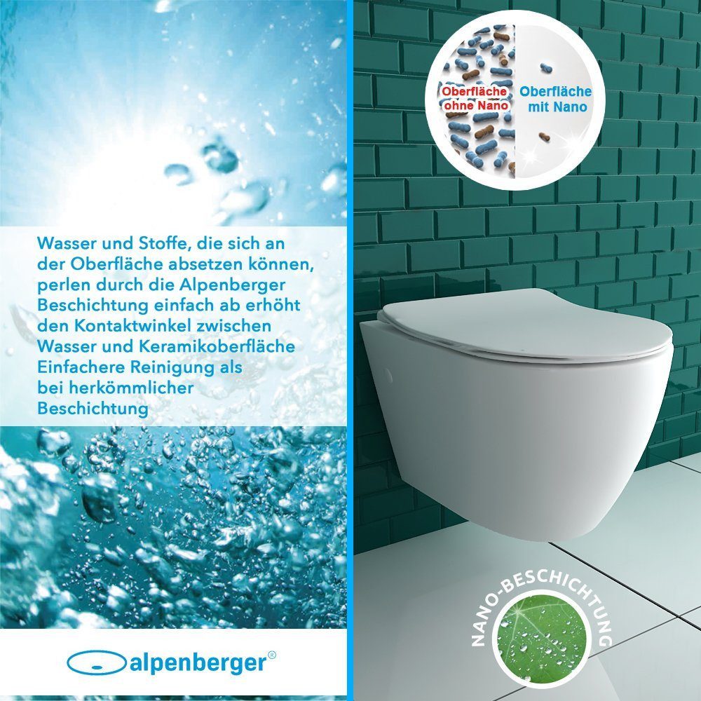 Alpenberger Wand-WC-Befestigung Spülrandloses Hänge-WC mit Antibakterieller Beschichtung, (Toilette Komplett-Set, 2-St., WC-Keramikschüssel & WC-Sitz mit Soft-Close Funktion), Passend zu Geberit