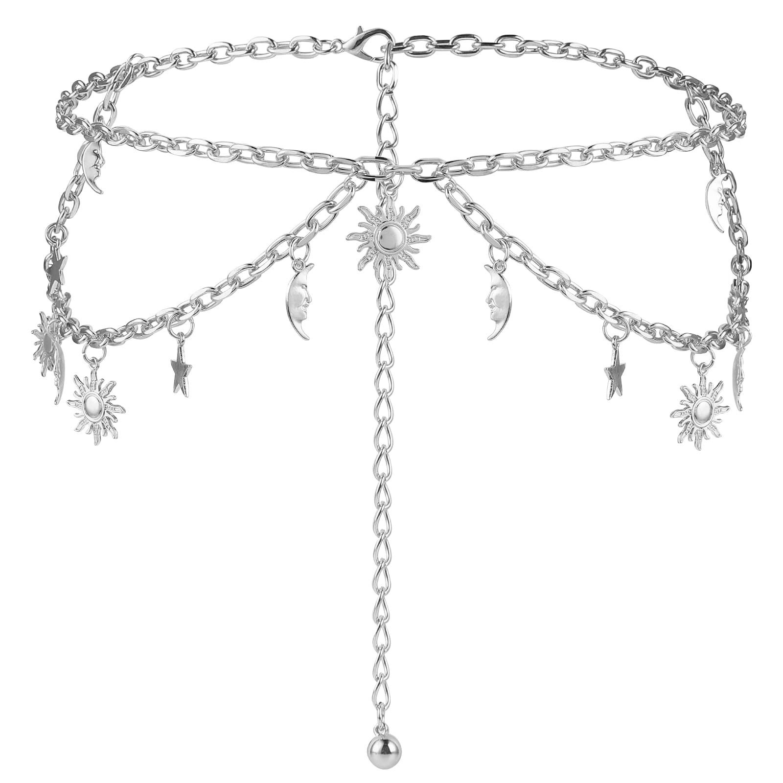Zaewry Taillengürtel Mondstern Verstellbare Taillenkette für Kleider Jeans Doppellagiger Damen Metallkettengürtel