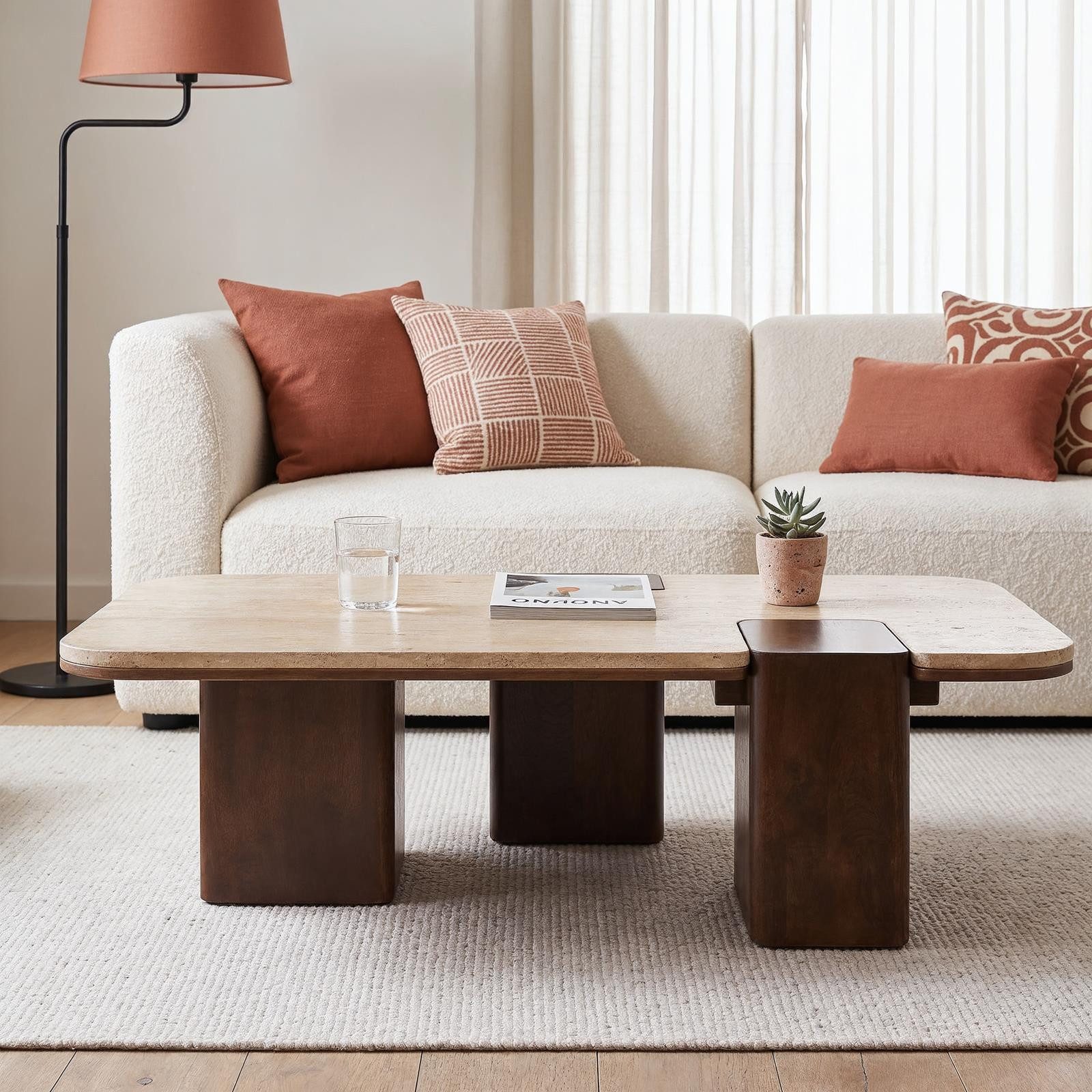IDIMEX Couchtisch SURAT, Wohnzimmertisch 100x60 cm aus Mangoholz und Travertin Braun/Beige