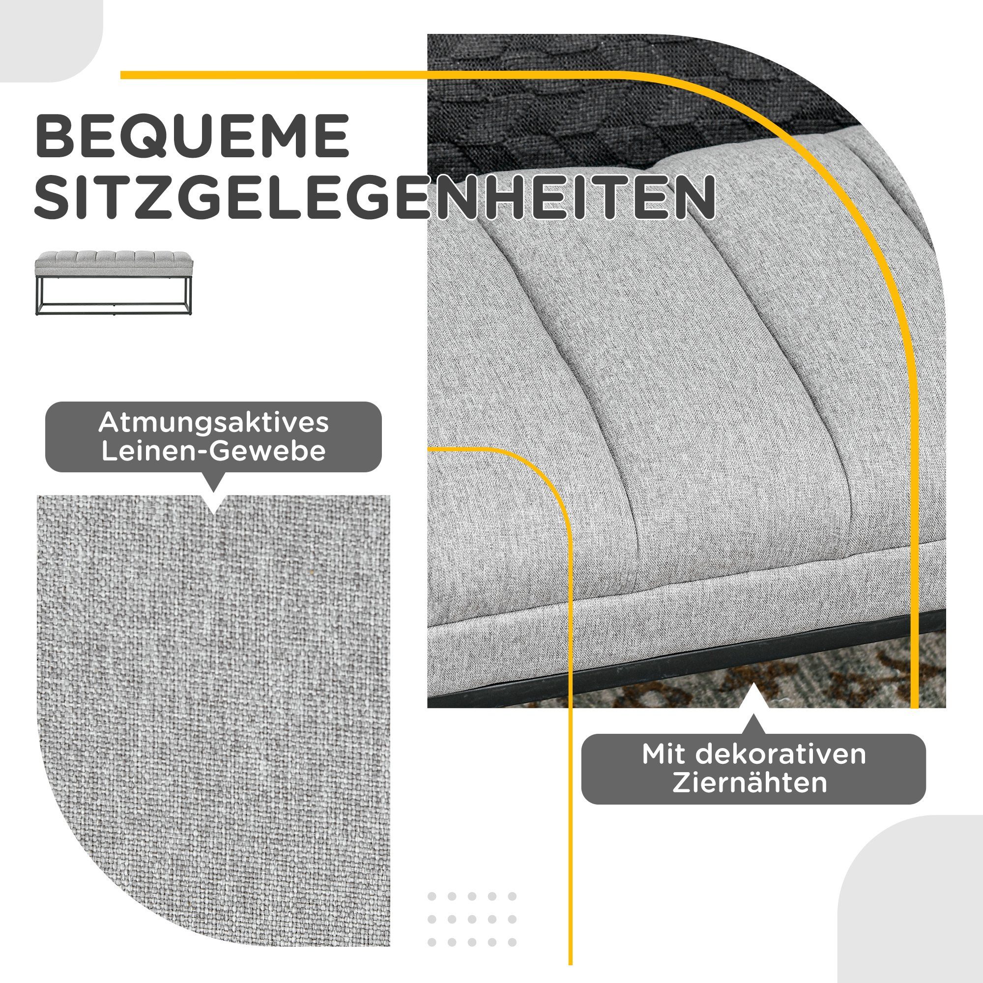 HOMCOM Polsterbank Bettbank in Leinenoptik (Schlafzimmerbank, 1-St., Schminkbank), Stahl, Hellgrau, 120 x 44 x 45,5 cm
