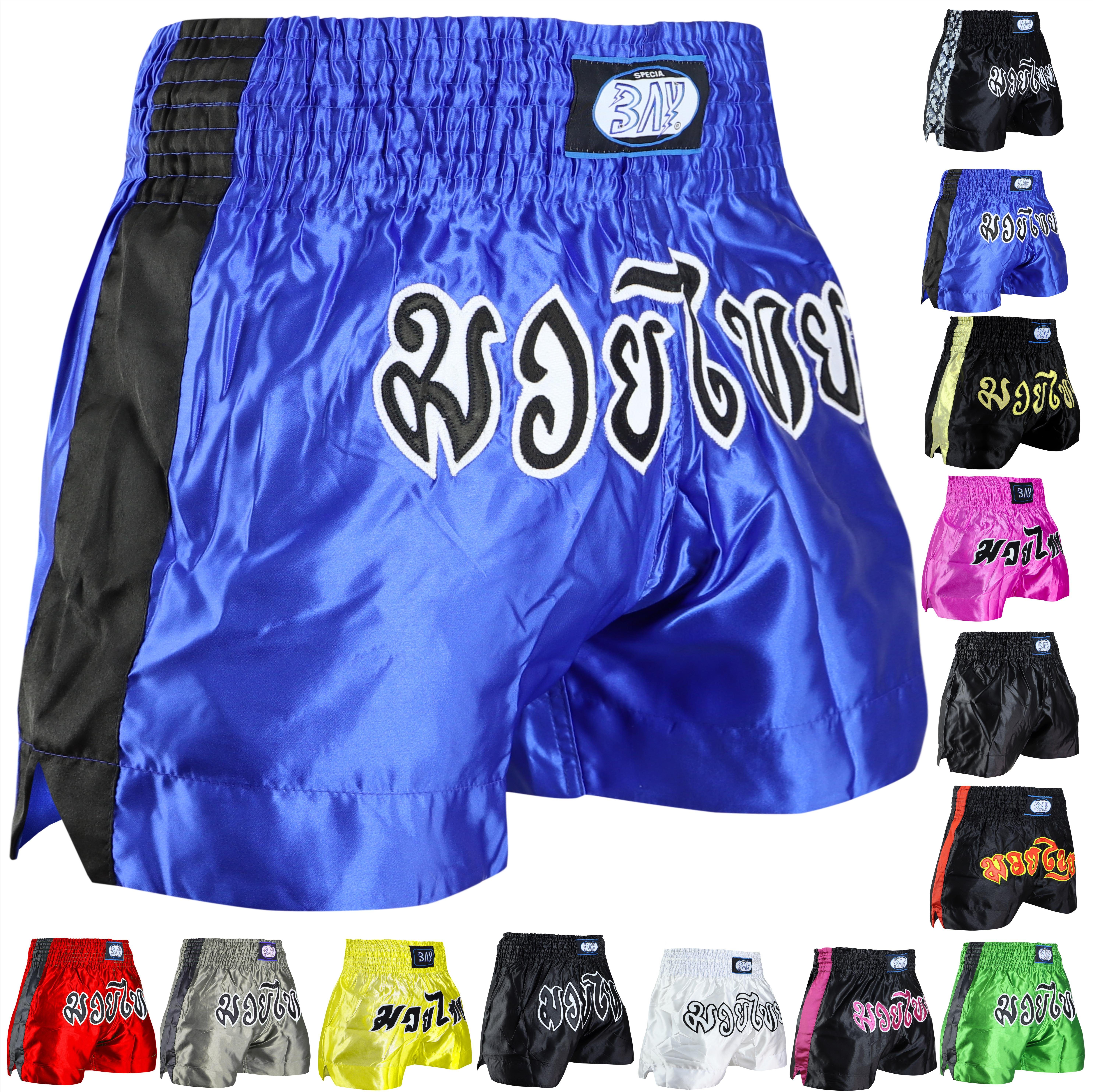 Thai mit - XXL, Shorts traditionell Thaiboxhose Sporthose Kickboxen MMA BAY-Sports Schrift) Krav aufgenähter Remy (MMA, Muay Hose kurz Kick Maga, Modell XXS Thai Thaiboxen