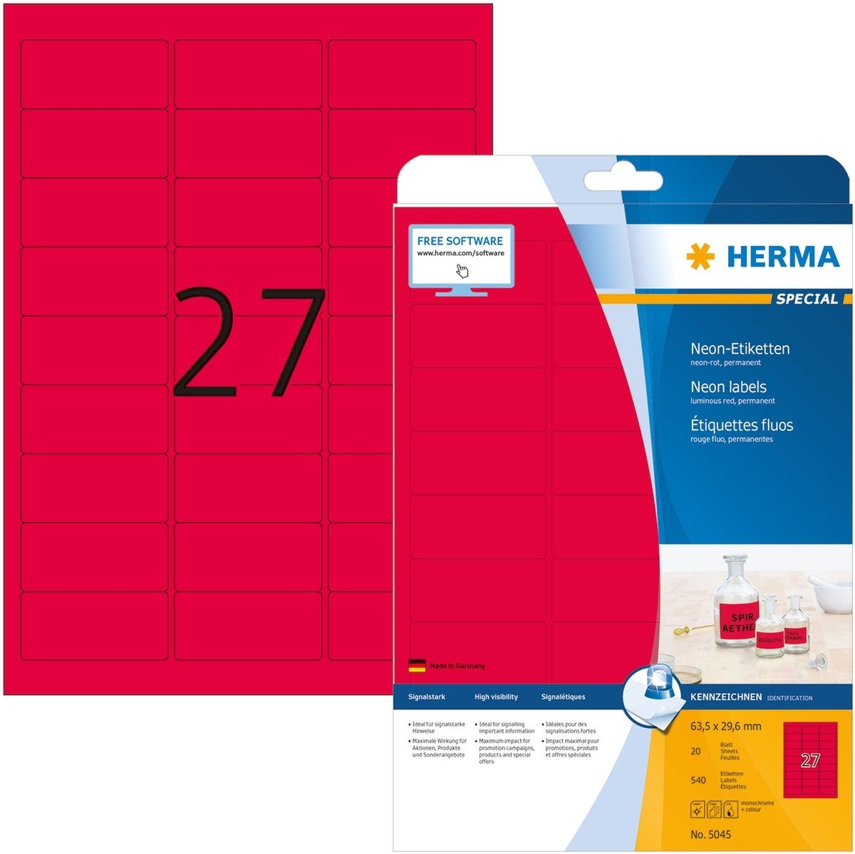 Etiketten Etiketten neon-rot 63,5x29,6mm Special A4 LaserCopy 540 Stück