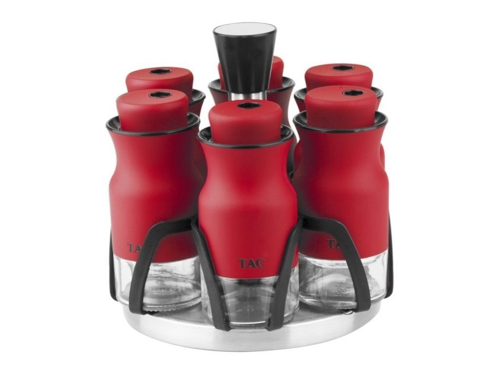 Tac Gewürzbehälter 7 Teilig, Gewürzregal, Gewürzständer, Gewürz-Set, Rot, 100ml, Metall, Glas, (7-tlg)