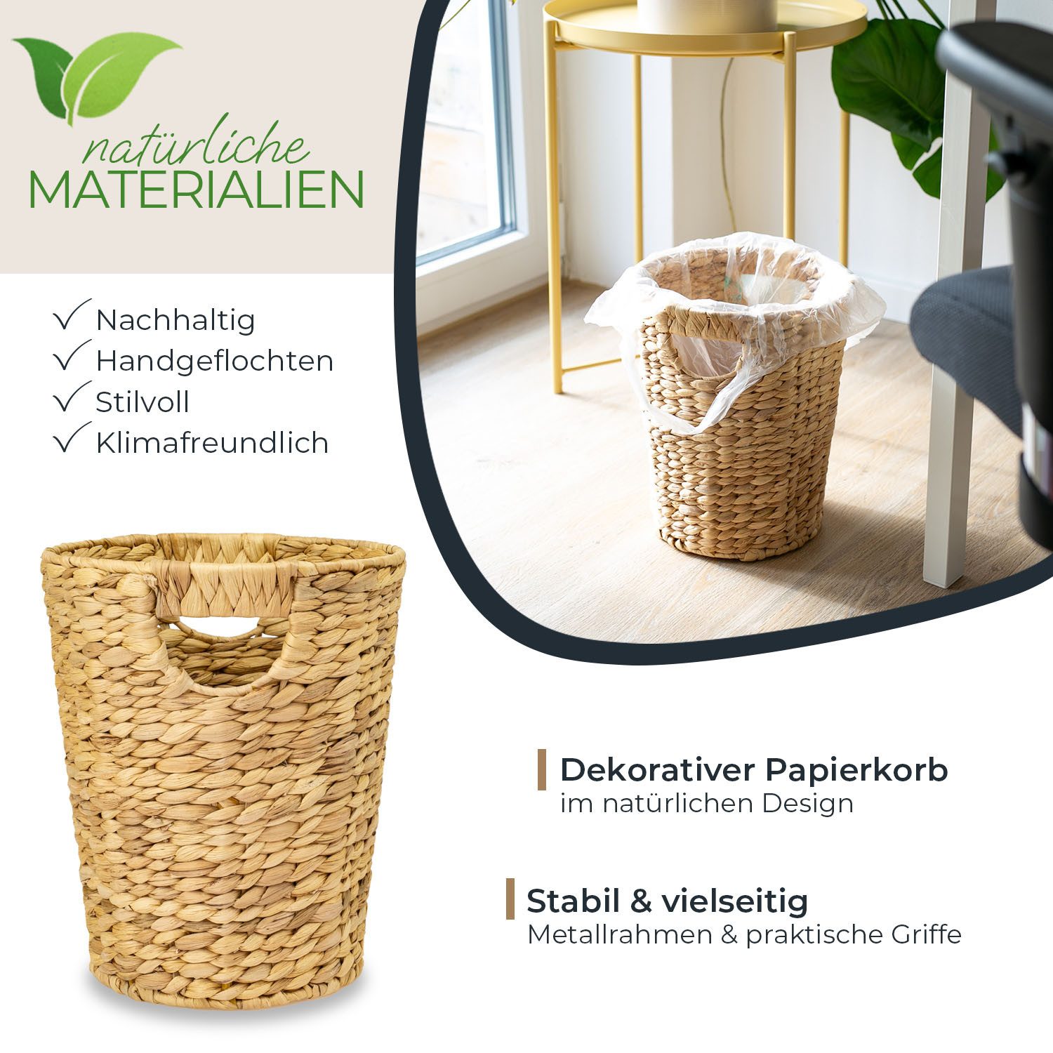 HMF Papierkorb Papierkorb Büro, Aufbewahrungskorb geflochten aus, Wasserhyazinthe Rund 25 cm Durchmesser x H: 30 cm