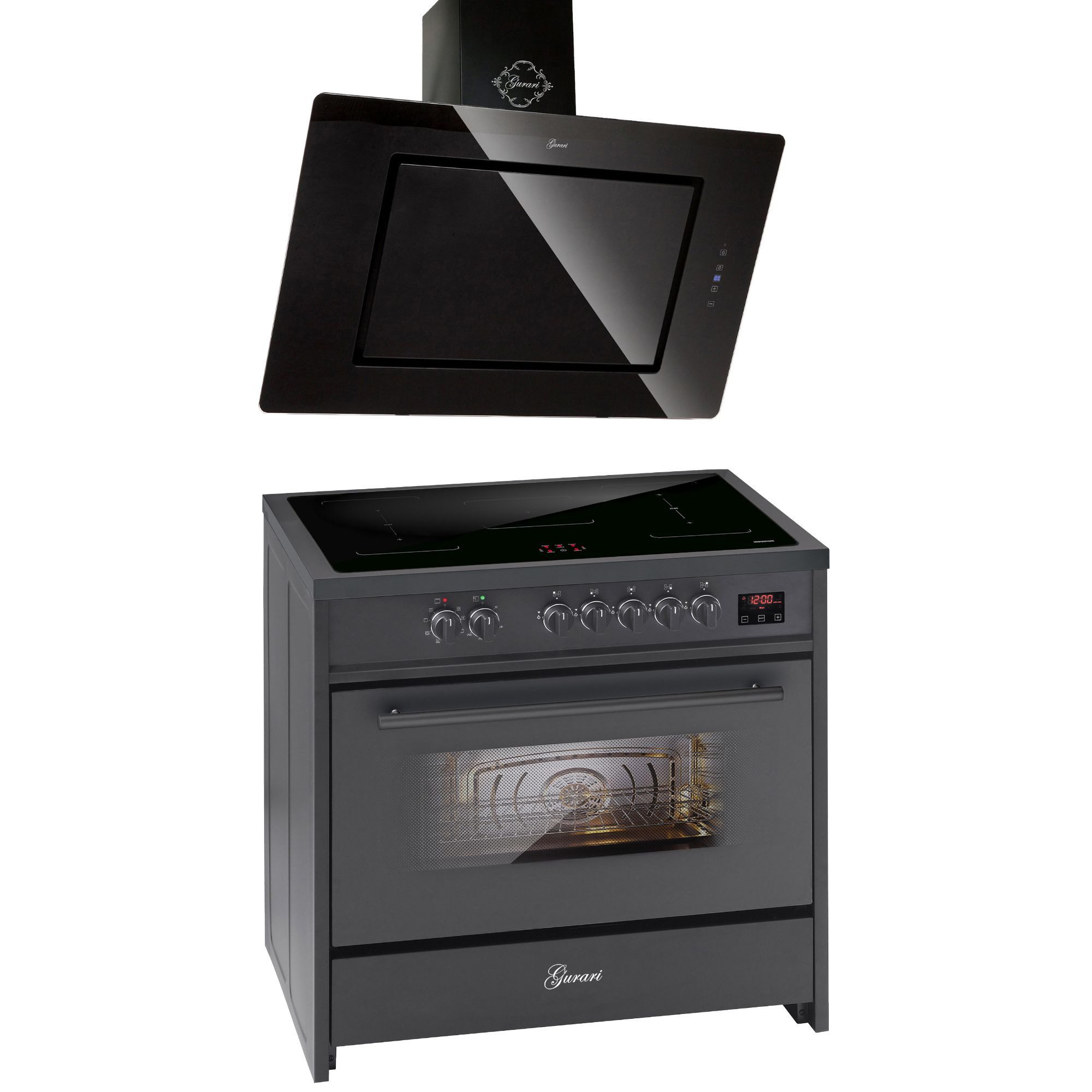 GURARI Induktions-Standherd Range Cooker 90 cm, Schwarz, 5 Kochzonen, 121L+Dunstabzugshaube 90 cm E 913 BL+GCH S 155 BL 90 Prime., mit 1-fach-Teleskopauszug