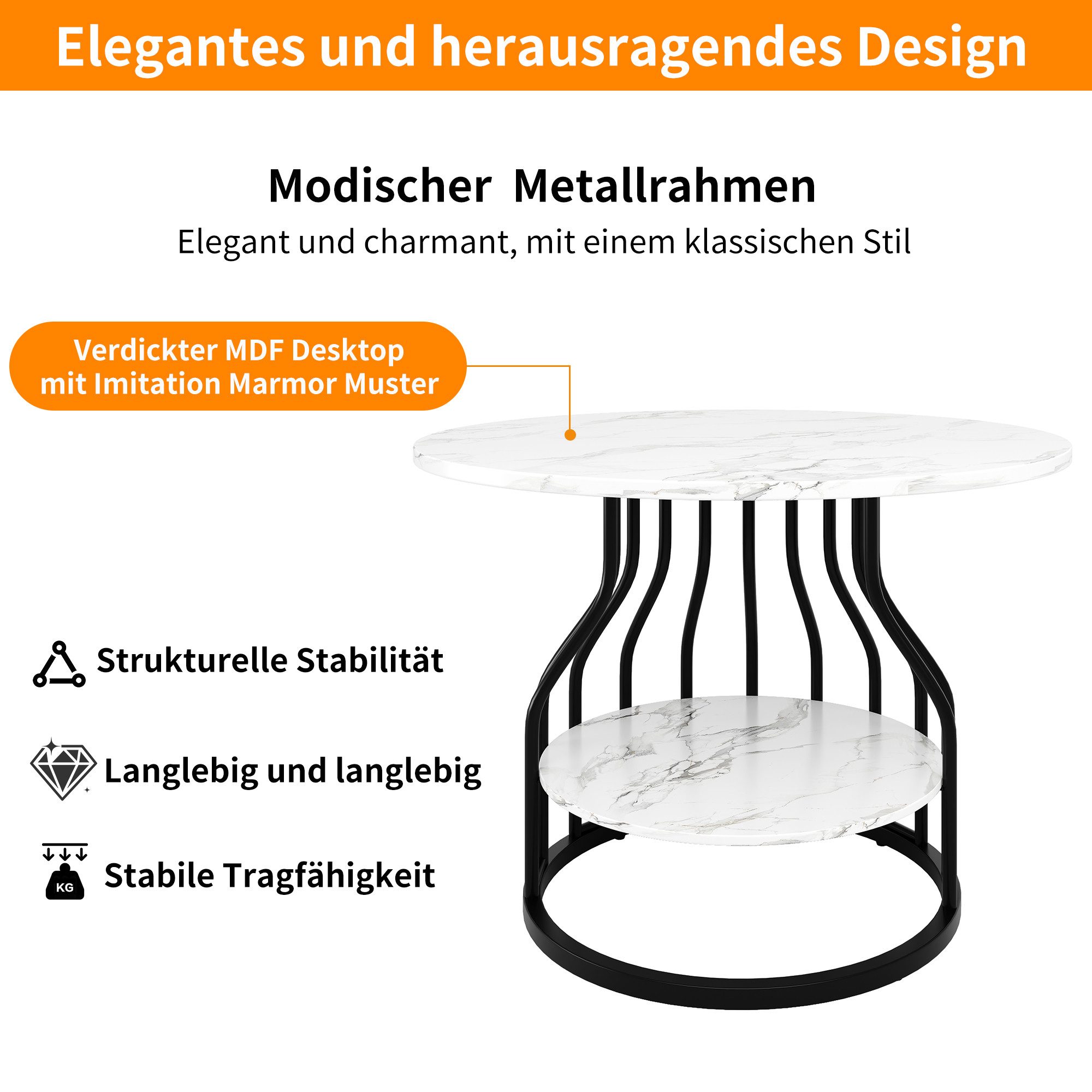 KLAM HOME Esstisch Runder Esstisch (80×80×76cm), Küchen-Esstisch, runder Couchtisch (Kleine runde Platte in der Mitte zur Aufbewahrung), MDF-Marmor-Tischplatte, – Bild 5 von 5
