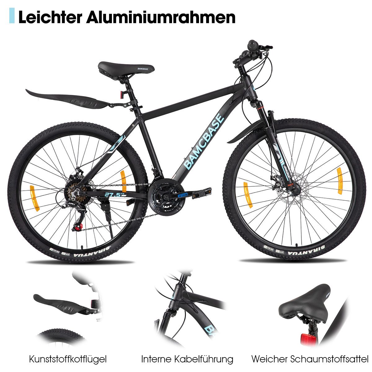 HILAND Mountainbike 26 27,5 Zoll Geländefähiges Fahrrad für Männer und Frauen, Aluminiumrahmen, 21-Gang, mechanischen Scheibenbremsen und Federgabel