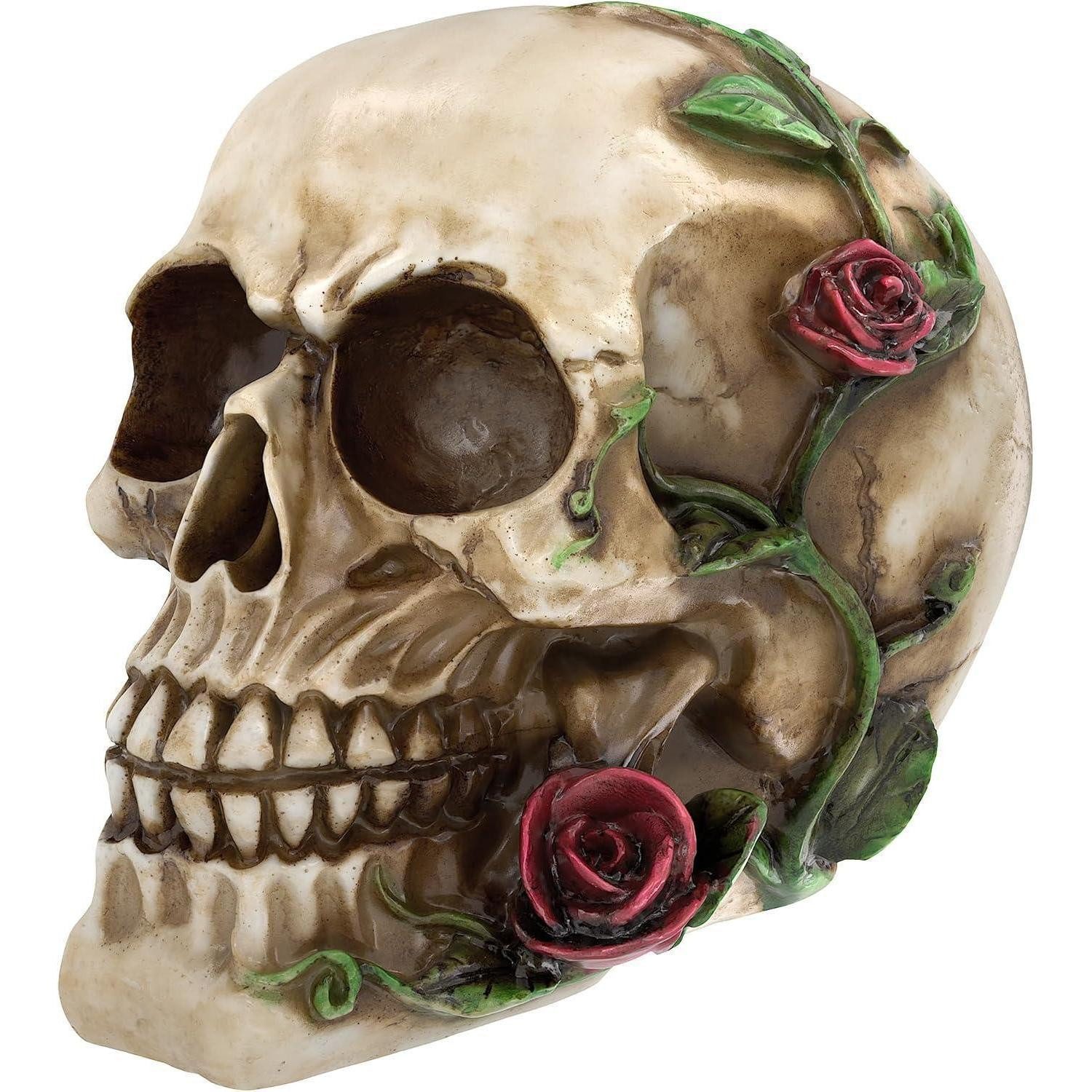 Dekoobjekt Menschlicher Totenkopf Schädel mit Rosen Naturharz Haloween